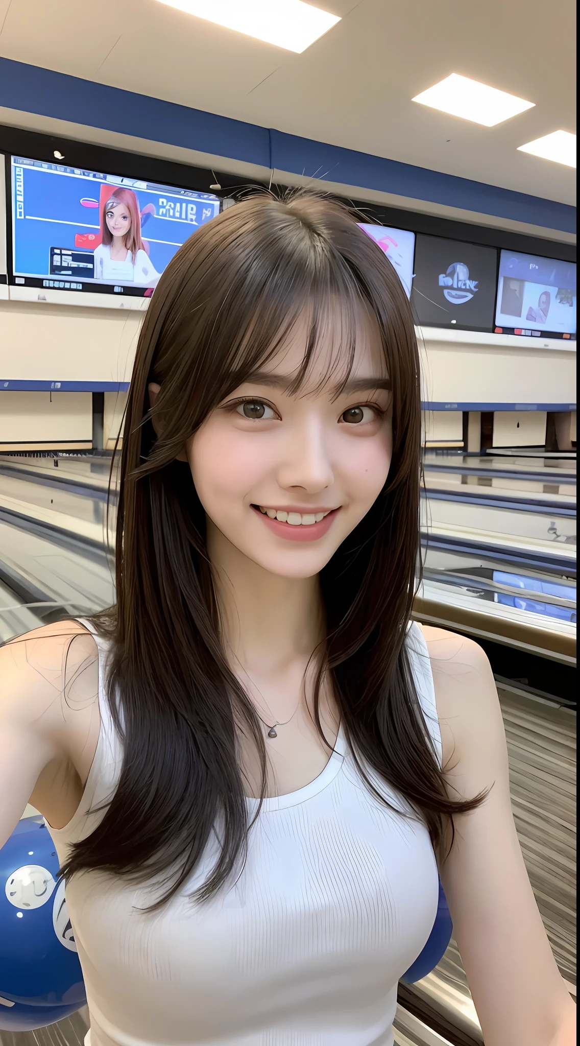 ((Best Quality, 8K: 1.1)), 1 Woman, Slim Beauty: 1.4, Abs: 1.1, (C Cup: 1.3, Beautiful: 1.2), High School Student, Bowling Alley, Super Slender Face, Big Eyes, Droopy Eyes, Double Eyelids, Bangs, Smile, Perfect Teeth Alignment