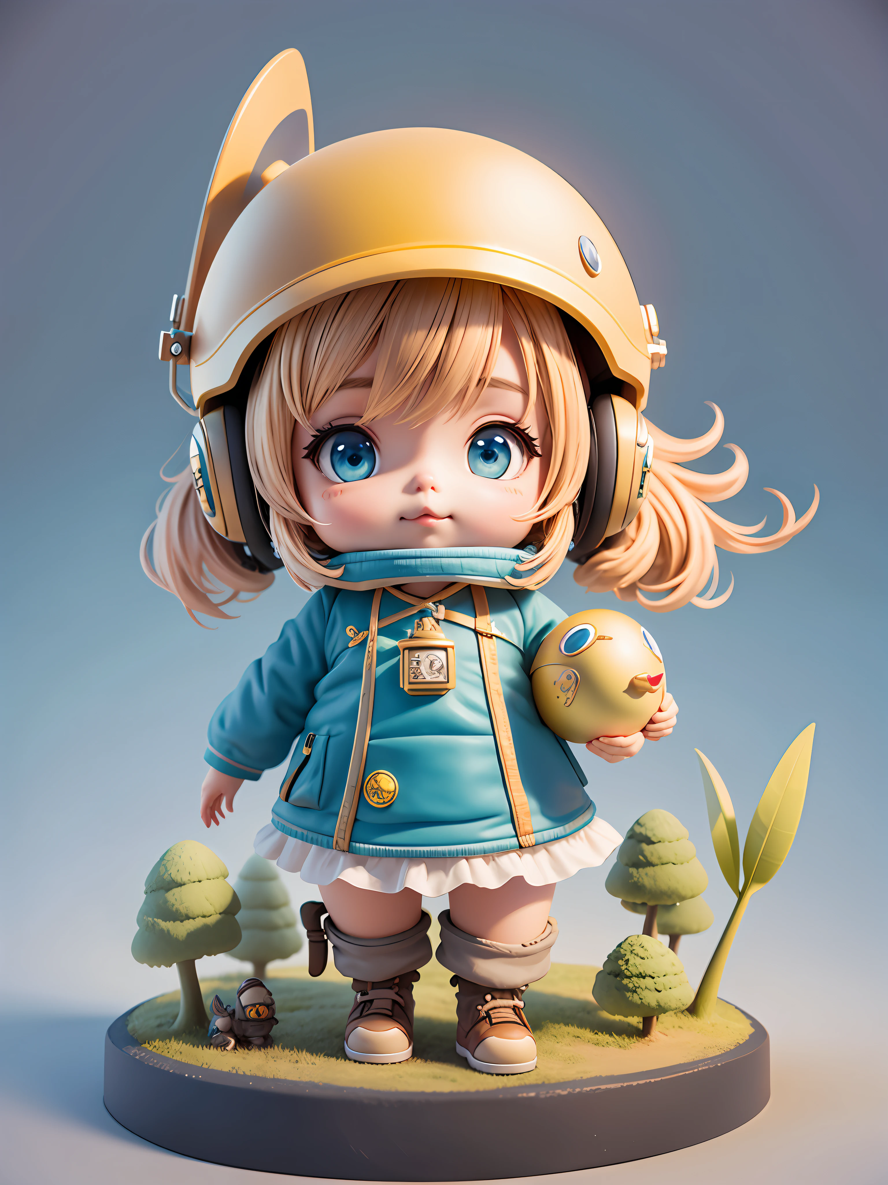 There is a chick with helmet and helmet, dwarf, cute 3d rendering, chick looking up, portrait anime space cadet chick, cute 3d anime chick rendering, cute detailed digital art, explorer mini cute chick, 3d rendering stylized, 3d rendered character art 8k, cute digital painting, anime style 3d, super detailed rendering