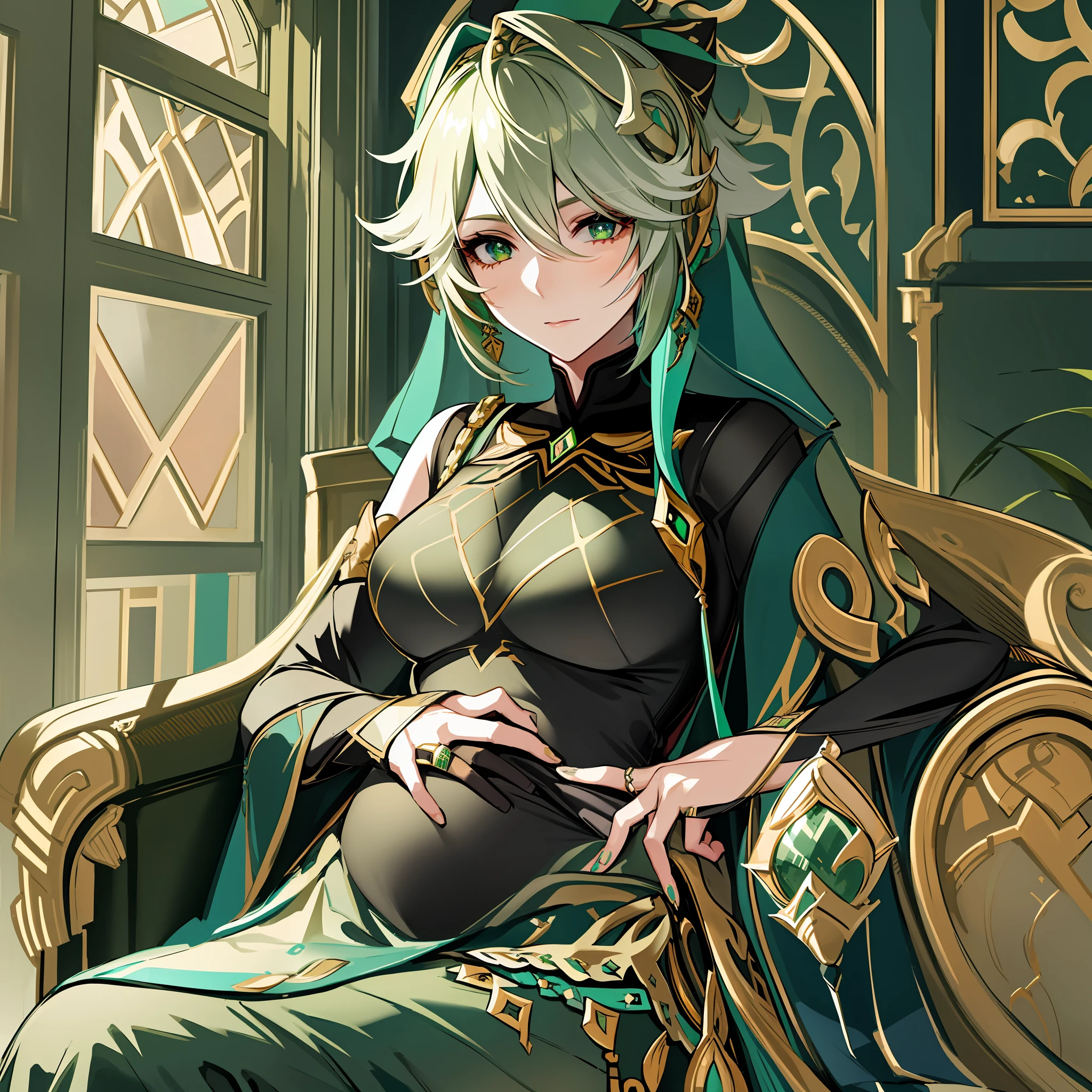 1girl, solo, (alhaitham, genshin impact), detailed face, high quality, wearing green dress, sitting in a sofa, indoor, leaving room, well detailed background, pregnant, loose gown, detailed face, detailed eyes, mature woman, loose long sleeves, sash belt, calm face