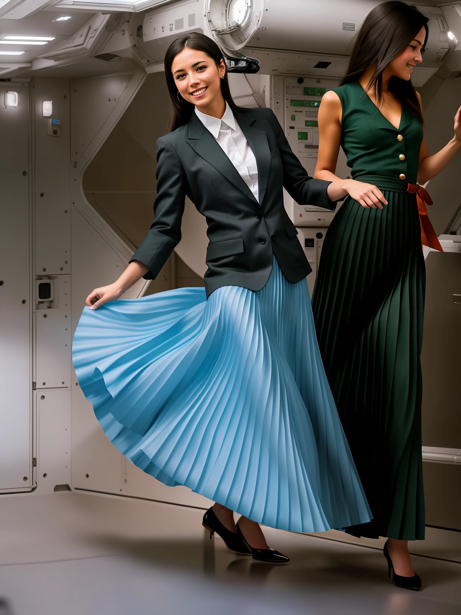 35mm f1.4 Kodak portra 400 photograph, extremely high quality RAW photograph, a therapist is dancing in her skirt (in a flirting manner:1.3) on a space station, (shy) authentic (kind and tender) lesbian woman wearing a short blazer with a very very detailed (long (fully pleated) full circle skirt) and (simple) low heeled office shoes, very very intricate hyper-detailed symmetric (attractive graceful young feminine face) with (sad, tired) eyes and a (flirty smile:1.3), full of empathy and compassion and love, (pronounced feminine features:1,3), big boobs, large breasts, shirtless, topless, (highly detailed ultra accurate realistic) hands and fingers, ((windy conditions and wind blowing)), epic composition, highly detailed attributes, highly detailed atmosphere, detailed background, intricate, Exquisite details and textures, highly detailed, deep space station secret operations active background