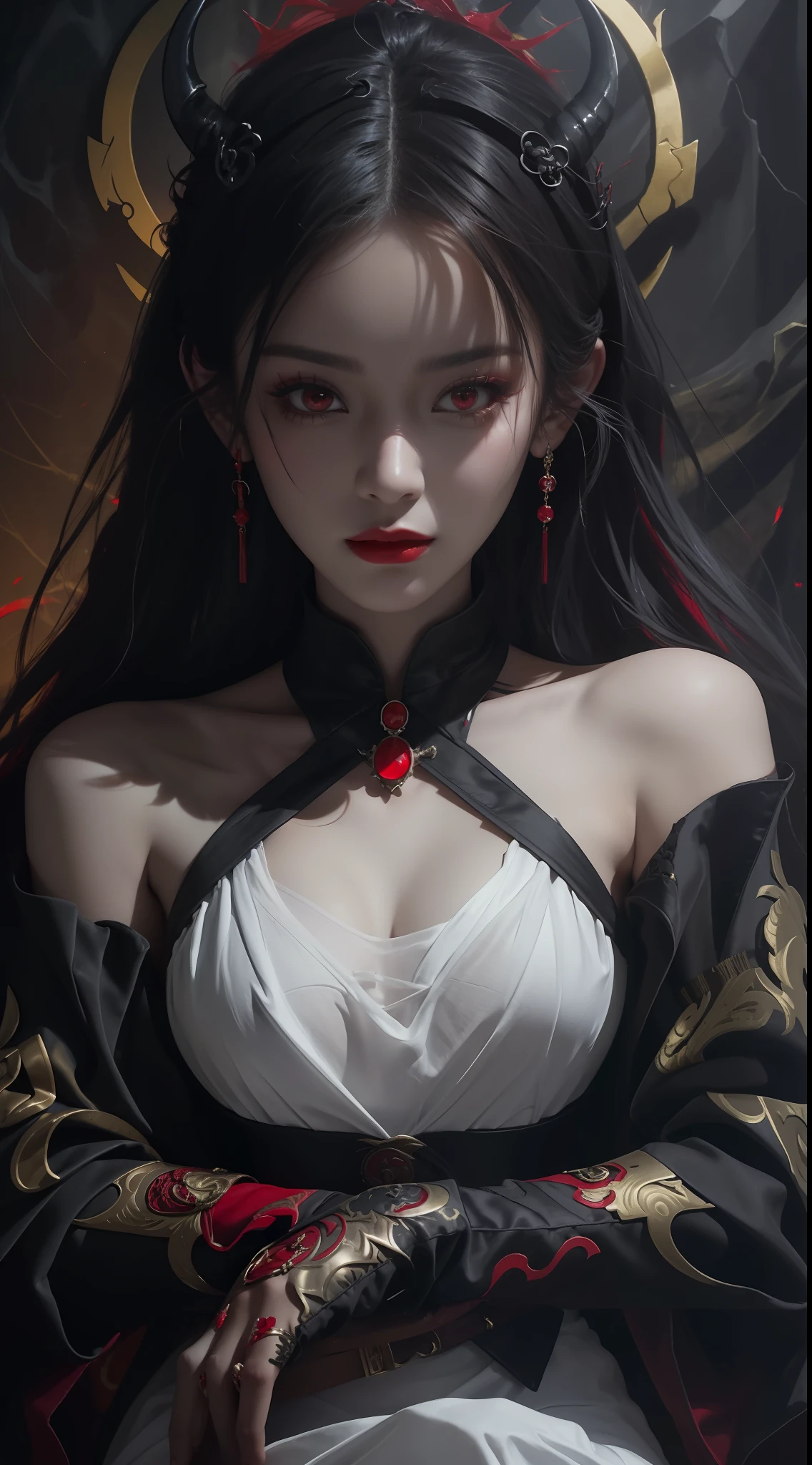 1 beautiful devil woman from hell, In the Dark: 1.6), surreal female portrait by David Hockney and Alphonse Mucha, fantasy art, korea doll, photorealism, dynamic lighting, artstation, poster, volumetric lighting, very detailed faces, 8k ultra, all body, Awarded, in the dark, deep shadow, low key, cowboy lens, (Red phoenix dress: 1.4), long hair, black hair, bust, luxurious palace, Royal style, devil  crown, red eyes make up very sharp and detailed, The most beautiful face, big and regular breasts, Super realistic, chinese women's clothing, polo neck sweater, Charming smile, The eyes are very well made up, guweiz, devil style, loong, forehead mark, upper body, 2 bangs braided hair, Red lips, Devil tattoo on shoulder, wearing a thin red and black robe, the landscape is overcast and thunderous, Cover your hands with thin black gloves, Portrait,