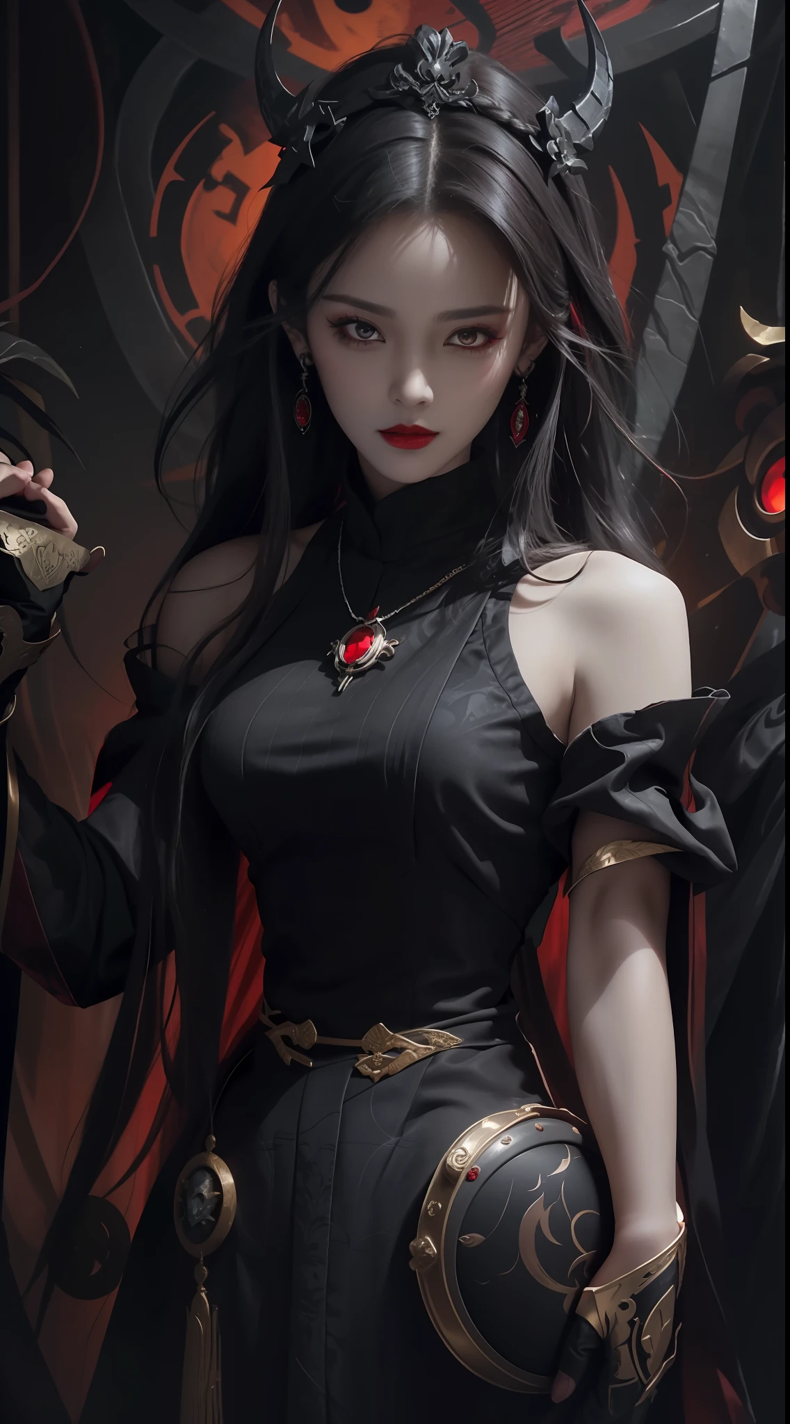 1 beautiful devil woman from hell, In the Dark: 1.6), surreal female portrait by David Hockney and Alphonse Mucha, fantasy art, korea doll, photorealism, dynamic lighting, artstation, poster, volumetric lighting, very detailed faces, 8k ultra, all body, Awarded, in the dark, deep shadow, low key, cowboy lens, (Red phoenix dress: 1.4), long hair, black hair, bust, luxurious palace, Royal style, devil crown, red eyes make up very sharp and detailed, The most beautiful face, big and regular breasts, Super realistic, chinese women's clothing, polo neck sweater, Charming smile, The eyes are very well made up, guweiz, devil style, loong, forehead mark, upper body, 2 bangs braided hair, Red lips, Devil tattoo on shoulder, wearing a thin red and black robe, the landscape is overcast and thunderous, Cover your hands with thin black gloves, Portrait,