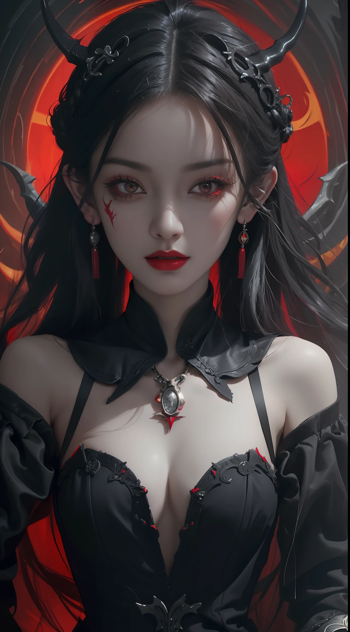 1 beautiful devil woman from hell, In the Dark: 1.6), surreal female portrait by David Hockney and Alphonse Mucha, fantasy art, korea doll, photorealism, dynamic lighting, artstation, poster, volumetric lighting, very detailed faces, 8k ultra, all body, Awarded, in the dark, deep shadow, low key, cowboy lens, (Red phoenix dress: 1.4), long hair, black hair, bust, luxurious palace, Royal style, devil crown, red eyes make up very sharp and detailed, The most beautiful face, big and regular breasts, Super realistic, chinese women's clothing, polo neck sweater, Charming smile, The eyes are very well made up, guweiz, devil style, loong, forehead mark, upper body, 2 bangs braided hair, Red lips, Devil tattoo on shoulder, wearing a thin red and black robe, the landscape is overcast and thunderous, Cover your hands with thin black gloves, Portrait,
