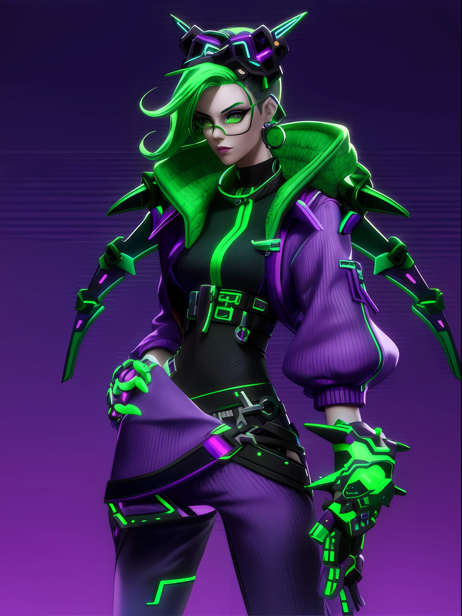 a close up of a woman with a green hair and a purple jacket, valorant character, concept artstyle, 3 d render character art 8 k, lucio as a woman, cyberpunk character design, cyberpunk character, portrait of jinx from arcane, 3 d render stylized, character design contest winner, inspired by senior character artist, cyberpunk character art