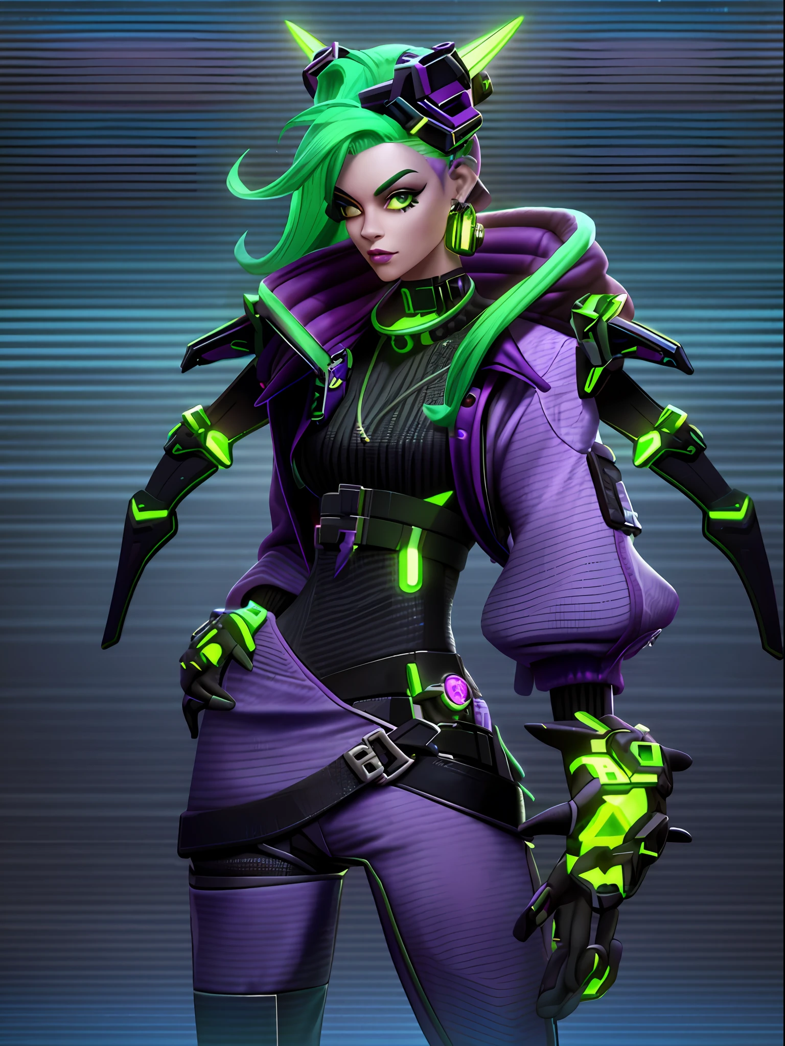 a close up of a woman with a green hair and a purple jacket, valorant character, concept artstyle, 3 d render character art 8 k, lucio as a woman, cyberpunk character design, cyberpunk character, portrait of jinx from arcane, 3 d render stylized, character design contest winner, inspired by senior character artist, cyberpunk character art