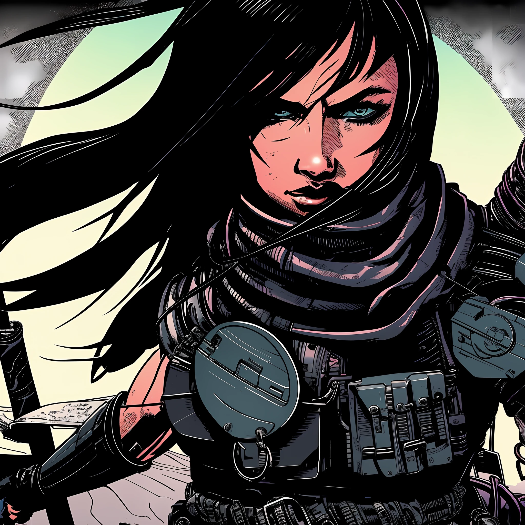 a close up of a cybernetic woman with a gun in her hand, with a desert bg, jet blonde haired cyberpunk girl, katana zero video game character, dark natasha, ruan jia and joao ruas, an edgy assassin, inspired by Kanō Hōgai, mighty princess of the wasteland, battle angel alita, wraith from apex legends, moebius comic style, josan gonzalez art, kurosawa --auto --s2