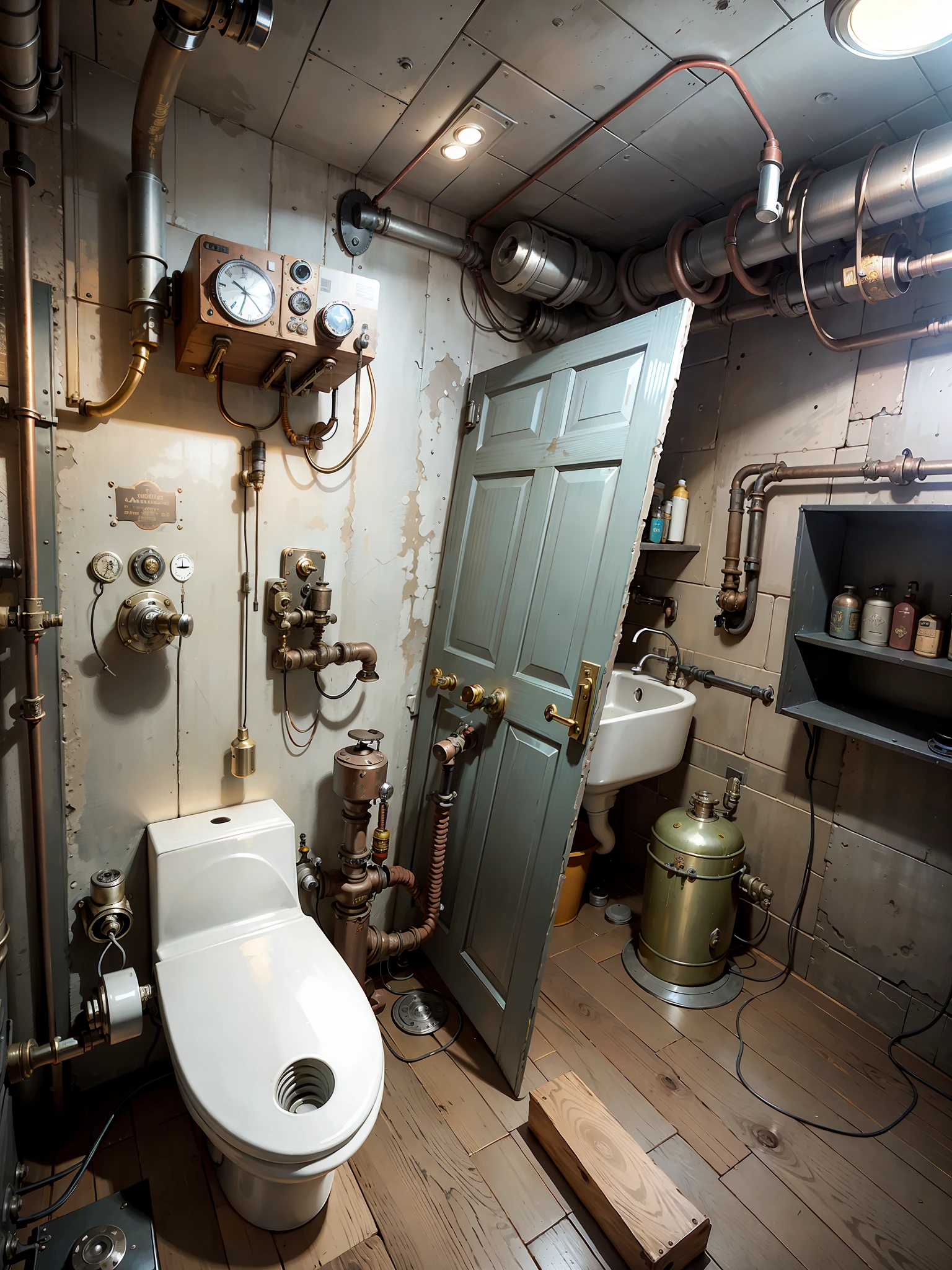 A steampunk style room, vintage mechanical texture, exhaust holes, smoke, spray, vintage metal material, metal toilet, metal wall, complex twisted pipes and valves, roof full of intricate pipes, HD, 8K, realism, dark yellow light