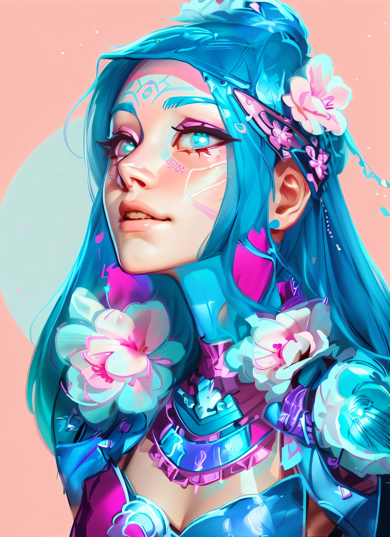 a woman with a blue face and pink hair wearing a blue and pink outfit, rossdraws 1. 0, rossdraws cartoon vibrant, rossdraws 2. 0, rossdraws 2. 5, inspired by rossdraws, fantasy art style, :: rossdraws, stunning art style, rossdraws pastel vibrant, rossdraws global illumination, detailed digital anime art