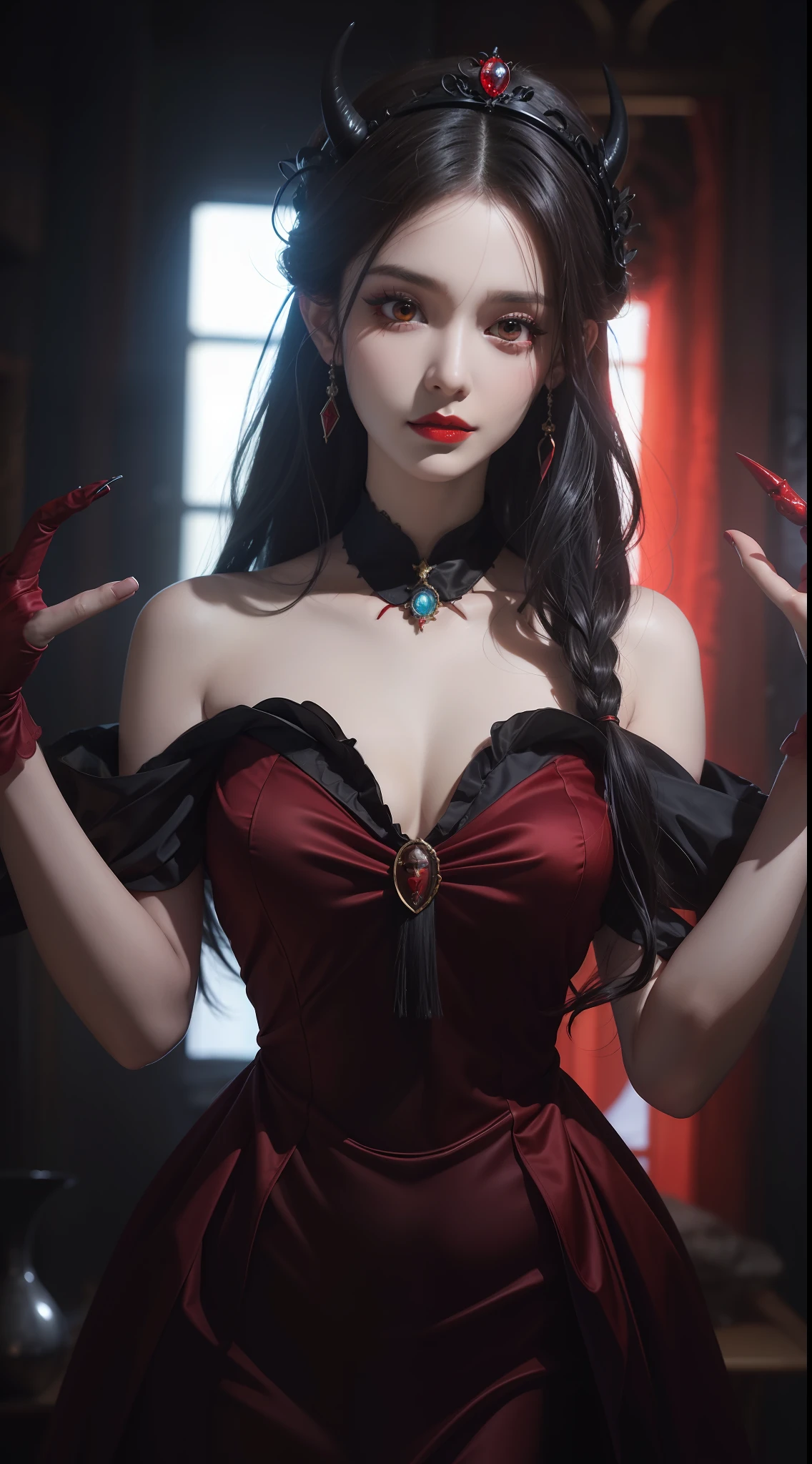 1 beautiful devil woman from hell, In the Dark: 1.6), surreal female portrait by David Hockney and Alphonse Mucha, fantasy art, korea doll, photorealism, dynamic lighting, artstation, poster, volumetric lighting, very detailed faces, 8k ultra, all body, Awarded, in the dark, deep shadow, low key, cowboy lens, (Red phoenix dress: 1.4), long hair, black hair, bust, luxurious palace, Royal style, devil crown, red eyes make up very sharp and detailed, The most beautiful face, big and regular breasts, Super realistic, chinese women's clothing, polo neck sweater, Charming smile, The eyes are very well made up, guweiz, devil style, loong, forehead mark, upper body, 2 bangs braided hair, Red lips, Devil tattoo on shoulder, wearing a thin red and black robe, the landscape is overcast and thunderous, Cover your hands with thin black gloves, Portrait,