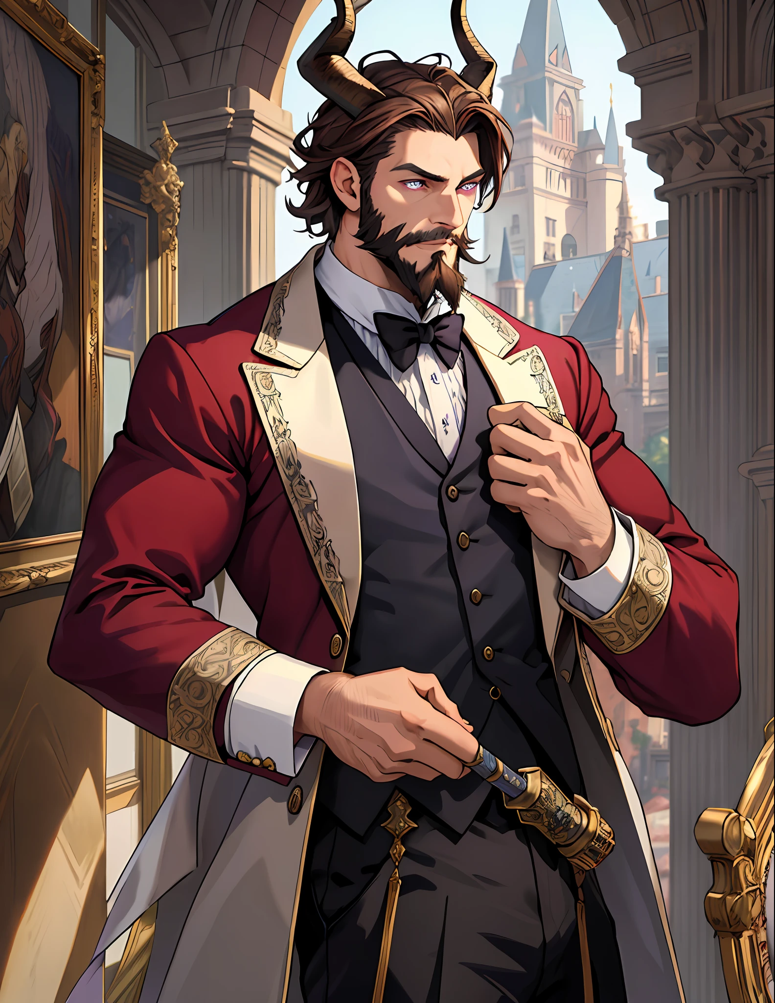 ((raw photo)), ((masterpiece)), anthropomorphic humanoid DemonHuman wearing Victorian clothing, intricate detail, castle behind, violet eyes, beard, three horns on head, scepter in hand, brown hair, detailed hands, perfect hands