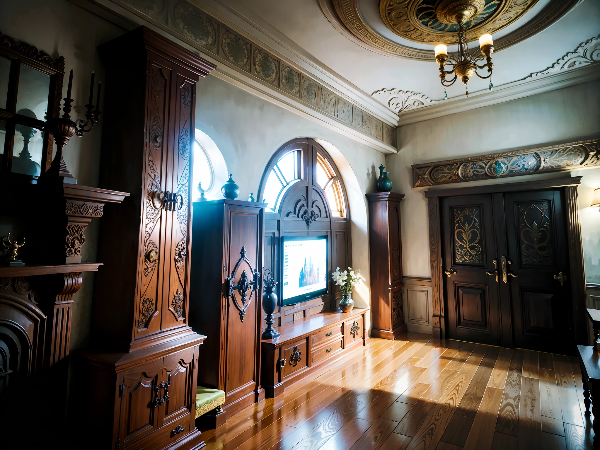 A fantasy fairy tale style room, hobbit living room, retro gorgeous texture, complex structure and pattern, exquisite ornaments and ornaments, wooden structure, HD, 8K, realism, dark yellow light