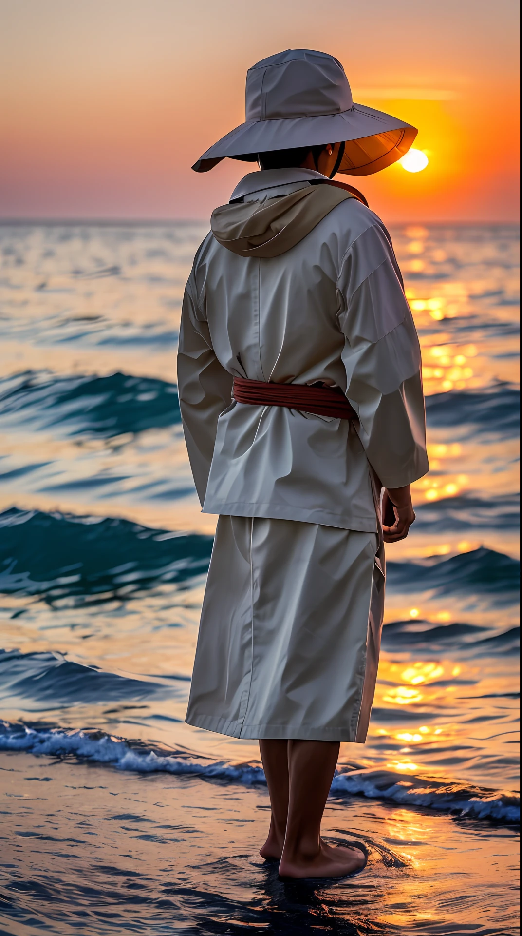 young japanese fisherman, at the sea, sunset light, RAW photo, realistic, 8k --auto --s2