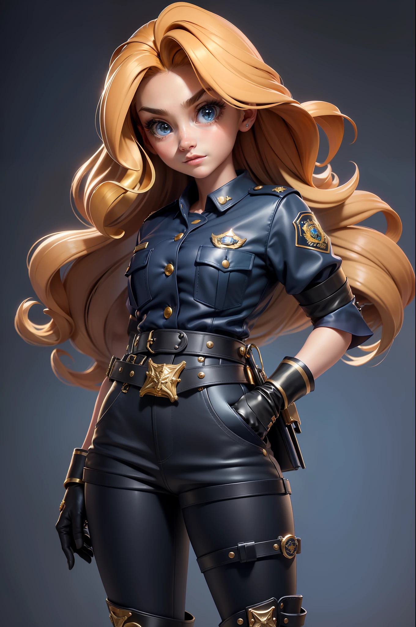 3dmm style,(masterpiece, top quality, best quality, Long hair, realistic, 1girl, 12 years old, child, best quality, intricate details, looking at viewer, ultra realistic 8k cg, picture perfect face, flawless, clean, masterpiece, professional artwork, famous artwork, film lighting, film Bloom, perfect face, beautiful face, beautiful eyes, blue short sleeve police uniform, fitted design, gold trim, brass buttons, double breasted, high collar , black and gold belt, black leather gloves, police badge, utility belt with pockets, handcuffs, ammo, blue pants, black leather knee boots, gold accents,