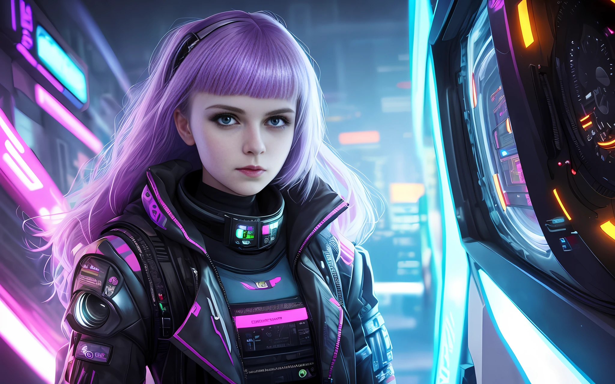 A girl in futuristic clothes with a tail of purple hair is developing a computer game, playing computer games, managing a computer terminal, computer servers, LCD screens, fiber optic cables, Anastasia Ovchinnikova, Marina Fedorovna, photo by Jessica Devic, Sofia Emelenko, Maria Panfilova, Alexandra Valishevskaya, Nadezhda Tikhomirova, Katinka Reinke, Angelina Stroganov, Svetlana Tigay, cyberpunk art style, cyberpunk thematic art, art style  cyberpunk, cyberpunk girl portrait, cyberpunk portrait, cyberpunk bright glow, advanced cyberpunk digital art, cyberpunk style, cyberpunk style color, hyper-realistic cyberpunk style, female cyberpunk, cyberpunk character art, dreamy cyberpunk girl, cyberpunk atmosphere, cyberpunk atmosphere, cyberpunk vibes, high detail, cinematic composition