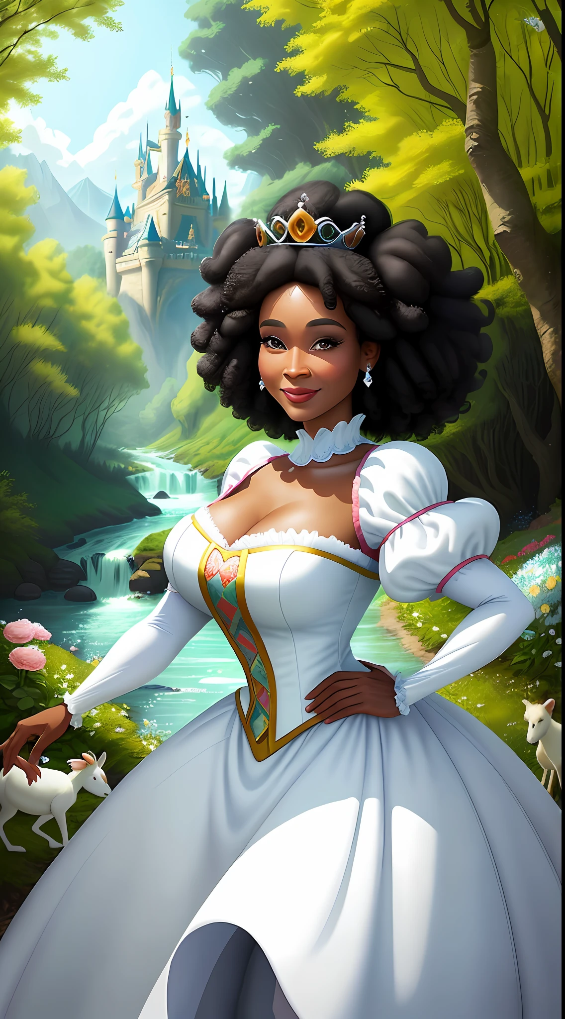 a middle-aged Afro Snow White Disney Princess wearing a crown in the woods with many cute animals near her, dancing first-person view. Many flowers of various colors. A sunny day. with a river and a fairytale castle in the background. Walt Disney cartoon style., nervous, nervous smile, Wide-Angle, f/2.8, Canon, masterpiece
