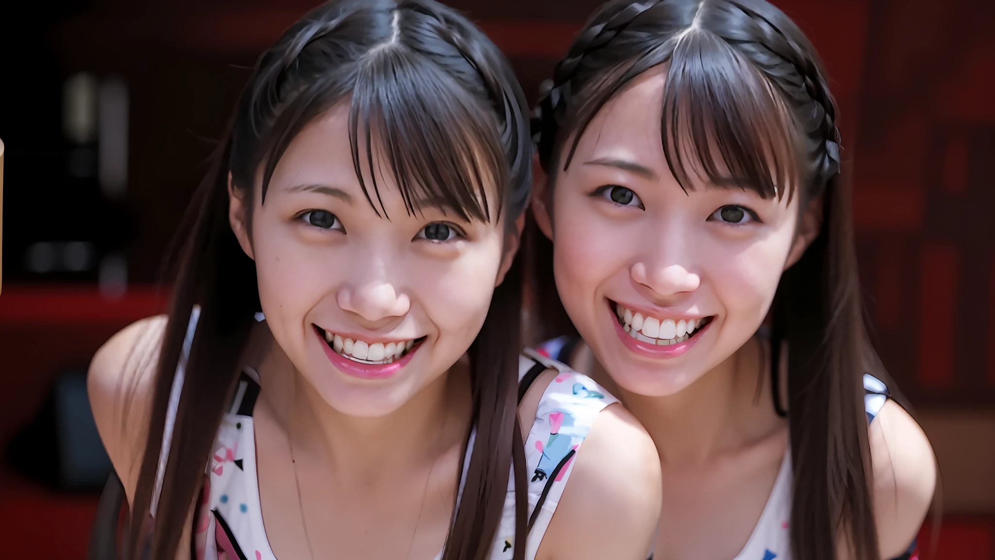 there are two young women that are smiling for the camera, narumi kakinouchi, close up iwakura lain, japanese facial features, chiho, けもの, yasumoto oka, shikamimi, twintails, tsutomo nihie, 奈良美智, yukii morita, harumi