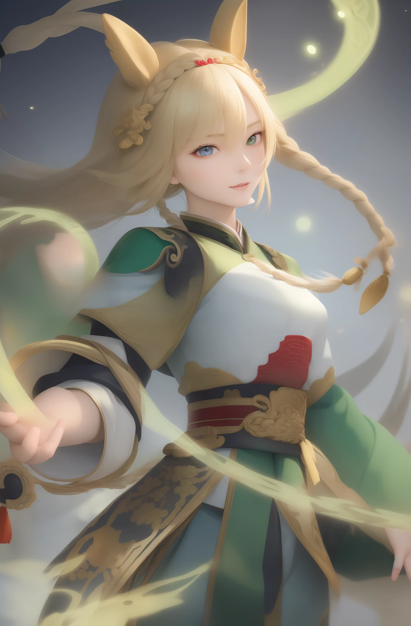 Excellent, masterpiece, upper body, (adult: 1.6) ancient Chinese woman, (giggle: 0.4), blonde braid, emerald eyes, horse face skirt, floating light particles, center,
