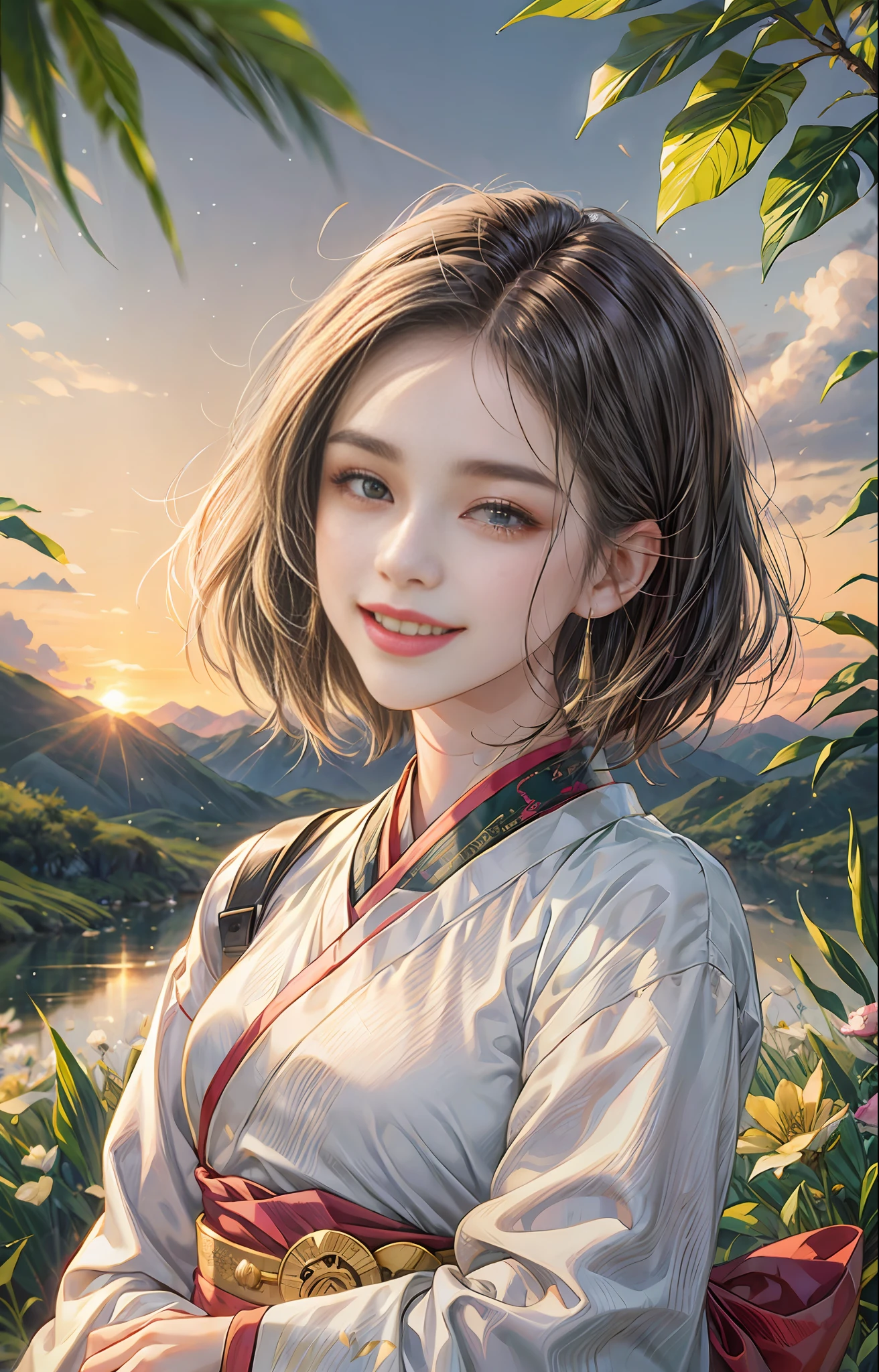 Best quality, 4K picture quality, 1girl, Hanfu, fields, hilly areas, big smiles. Short hair fluttering in the wind, healing smiles, close-ups