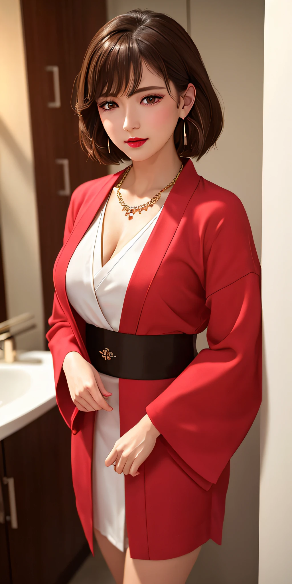 standing inside bathroom, aroused, necklace, earrings, full body, short brown hair, red kimono, superb, ultra-high-definition, RAW photo, realism: 1.25), (bright lip gloss, long eyelashes, smooth face, bright skin, natural shadows, wide light, wide light, depth of field, strong colors, subtle caustics: 0.8), (big tits), v6