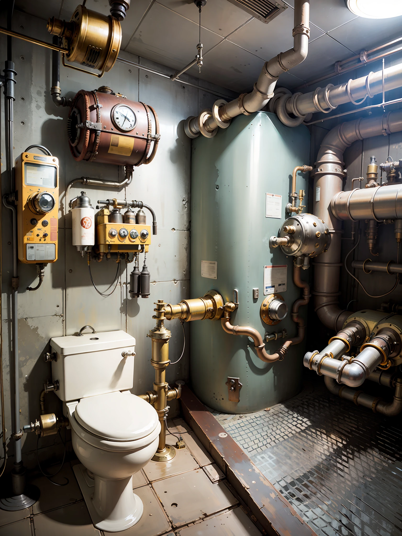 A steampunk style toilet, toilet, retro mechanical texture, exhaust holes, smoke, spray, vintage metal material, metal toilet, metal wall, complex twisted pipes and valves, roof full of intricate pipes, HD, 8K, realism, dark yellow light