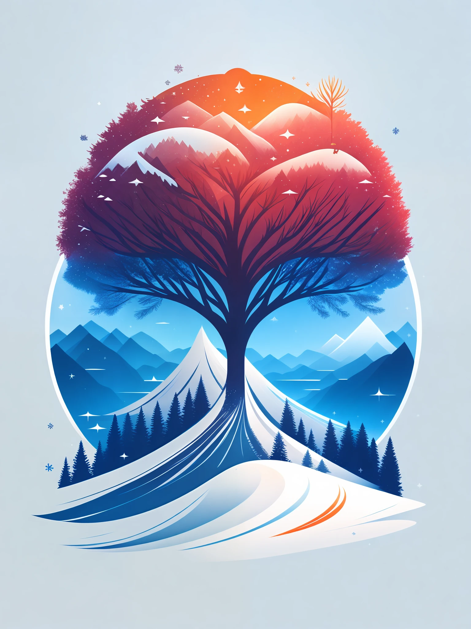 a spruice tree in a winter landscape, tshirt design, rzminjourney, vector-art