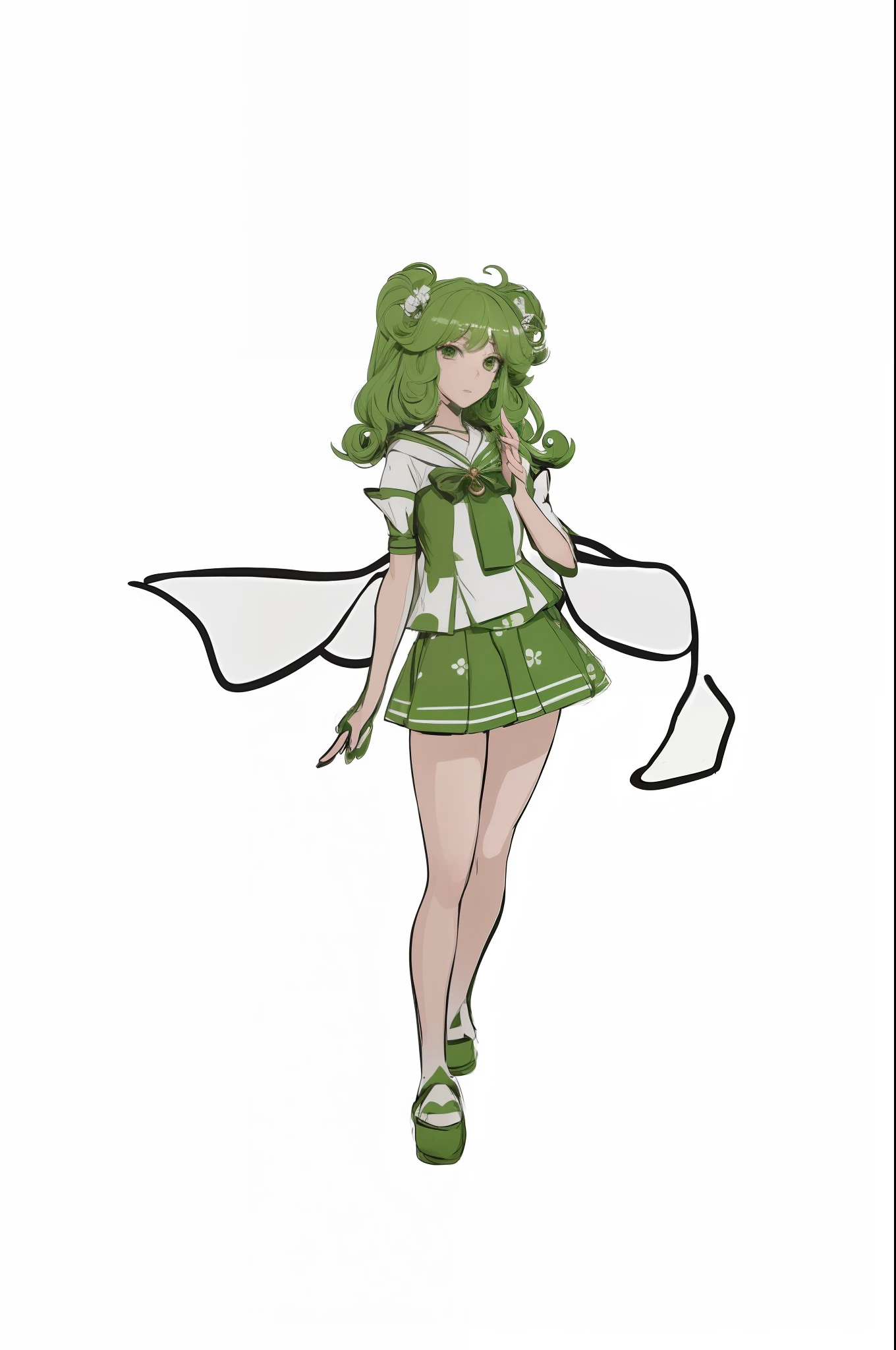 sailor girl in green and white dress with a white cape, tatsumaki, touhou character, palutena, tatsumaki with green curly hair, rei hiroe, render of a cute 3d anime girl, lady palutena, style of magical girl, loli, cute anime waifu in a nice dress, green colored skin!!, loli in dress --auto --s2