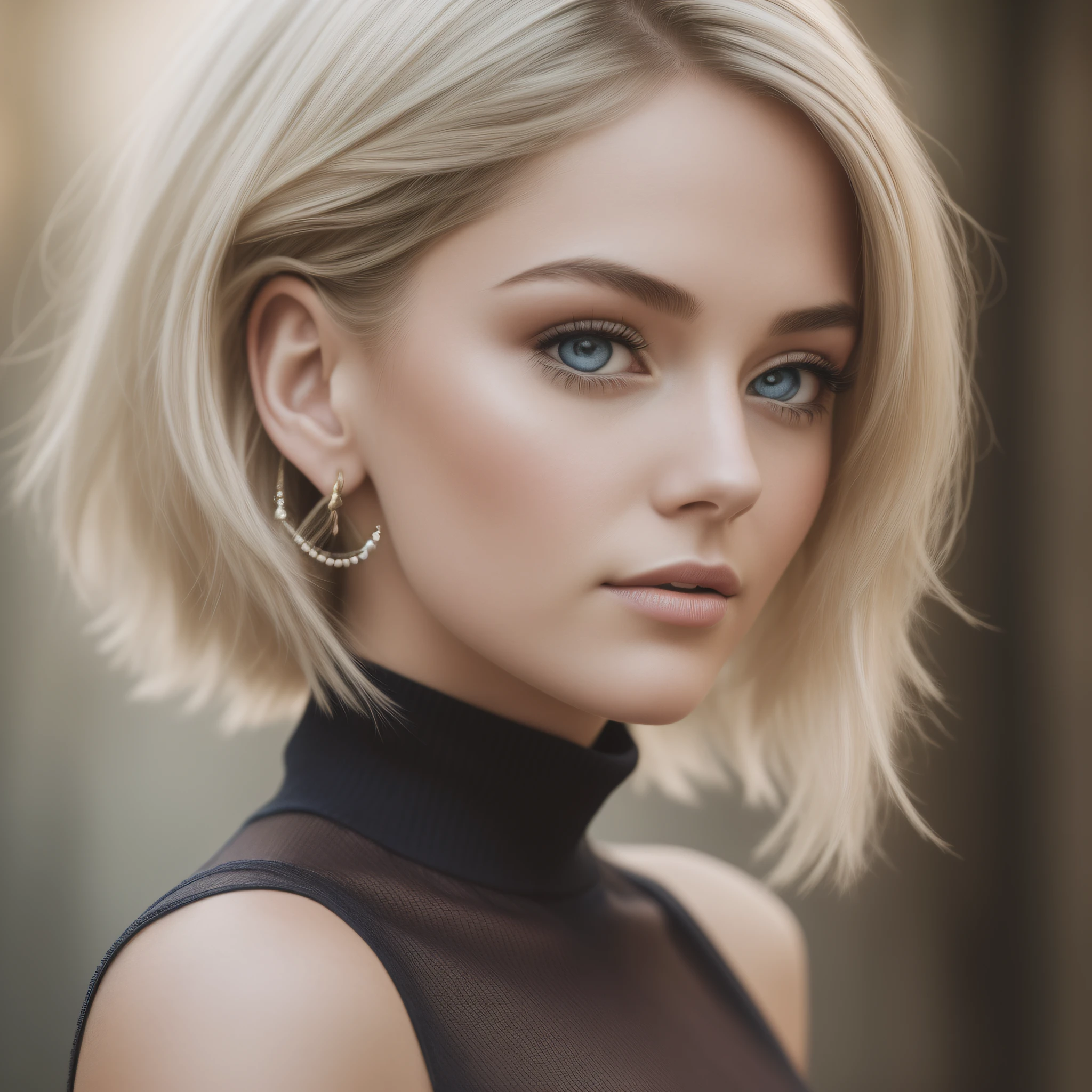 Slender, young, short blonde hair, blue eyes, in town, natural skin texture, 24mm, 4K textures, soft cinematic light, RAW photography, photorealistic, photorealistic, complex, elegant, highly detailed, sharp focus, (((cinematic look))), calm Tone, Insane Detail, Complex Detail, Ultra Detail, High Contrast, Soft Cinematic Light, Dim Colors, Exposure Blending, HDR, Faded, Cold, Waist Thin, Well-Proportioned, (8k, 4k, Top Quality, Hi-Res: 1.1), (Realistic, Photorealistic: 1.1), Girl 1 People, Solo, Face, Twin Tails, Blonde Hair, Bangs, Long Hair, Necklace, Earrings, Lips, Eye Shadow, Jewelry, (Viewer Looking For: 1.8), Spaghetti Straps, Detail, High Contrast, from_side, srfc, stunning complex full color portrait, wearing black turtleneck, spectacular character composition, by Ilya Kubushinov, Alessio Albi, Nina Masic, sharp focus, natural light, sub-surface scatter, f2, 35mm, film grain