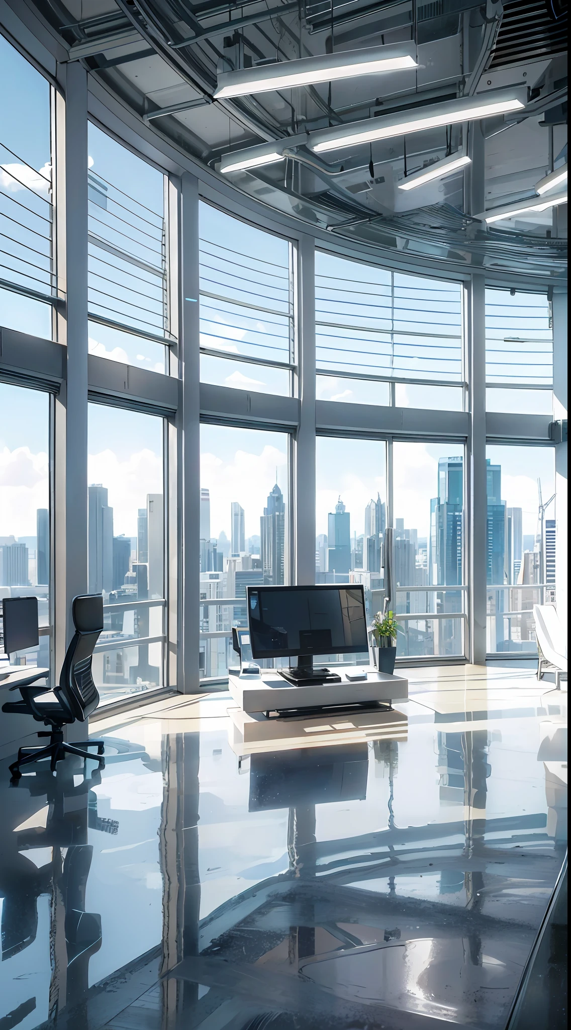 1futuristic office background, (white decor: 1.1), (wide windows: 0.9), (high ceiling: 1.0), (sleek furniture: 0.8), (minimalist design: 1.1), (glass walls: 0.9), (LED lighting: 1.0), (large desk: 1.1), (modern computer: 0.8), (futuristic monitor: 1.0), (clean background: 1.1), (high-tech gadgets: 0.9), (professional atmosphere: 1.0), indoor.