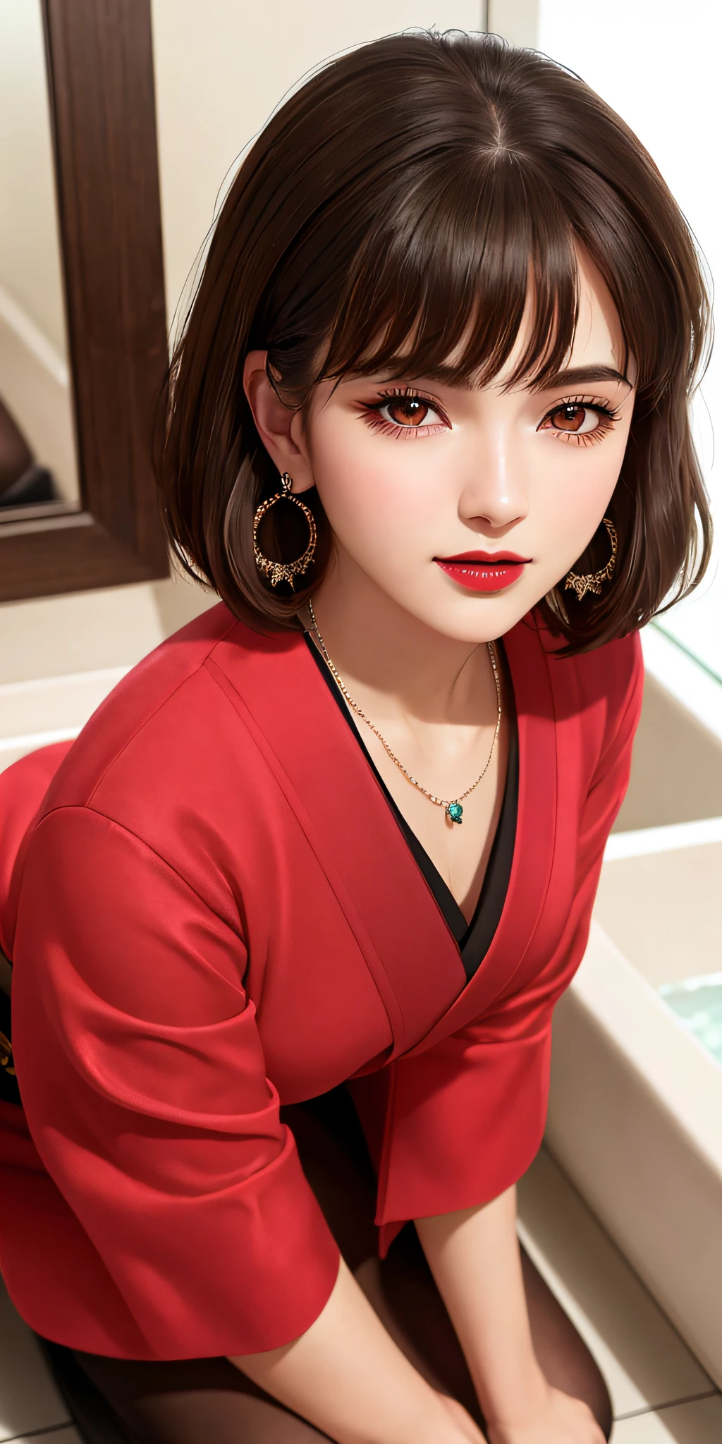kneeling on bathroom, aroused, necklace, earrings, full body, short brown hair, red kimono, superb, ultra-high-definition, RAW photo, realism: 1.25), (bright lip gloss, long eyelashes, smooth face, bright skin, natural shadows, wide light, wide light, depth of field, strong colors, subtle caustics: 0.8), (big tits), v6