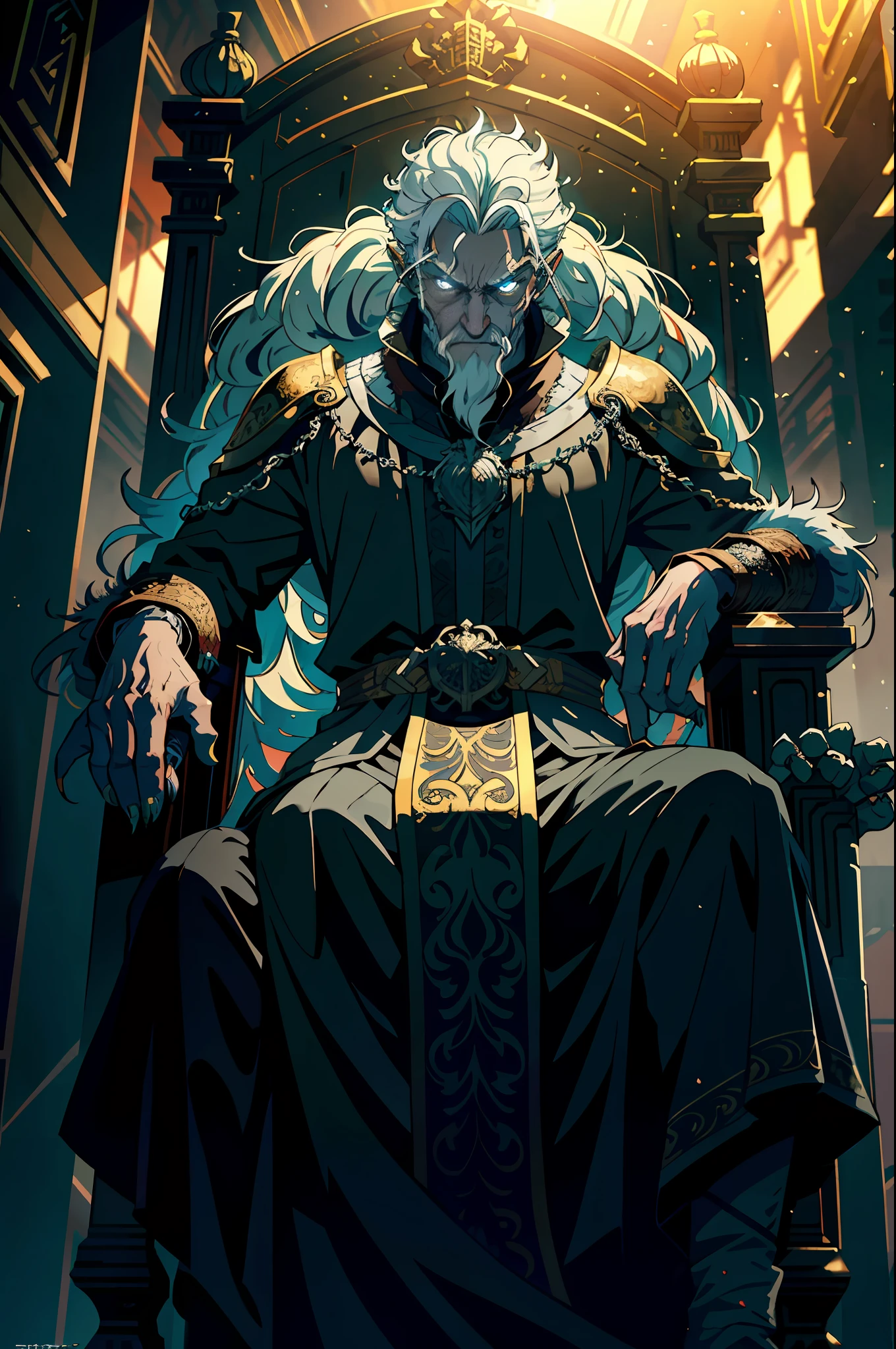 an old Werewolf king sitting on the throne in the heart of The City of Glas, throne is A very humid place full of puddles and leaks, regal, intimidating, ornate armor, regal crown, blurry_background, natural lighting, short twintails hair, looking_at_viewer, solo, highly detailed 8k
