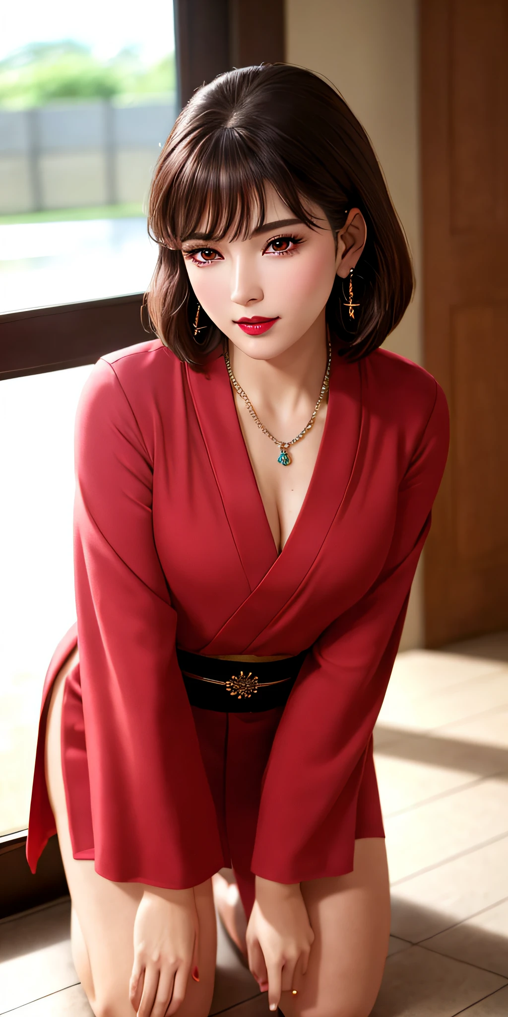 kneeling on bathroom, aroused, necklace, earrings, full body, short brown hair, red kimono, superb, ultra-high-definition, RAW photo, realism: 1.25), (bright lip gloss, long eyelashes, smooth face, bright skin, natural shadows, wide light, wide light, depth of field, strong colors, subtle caustics: 0.8), (big tits), v6