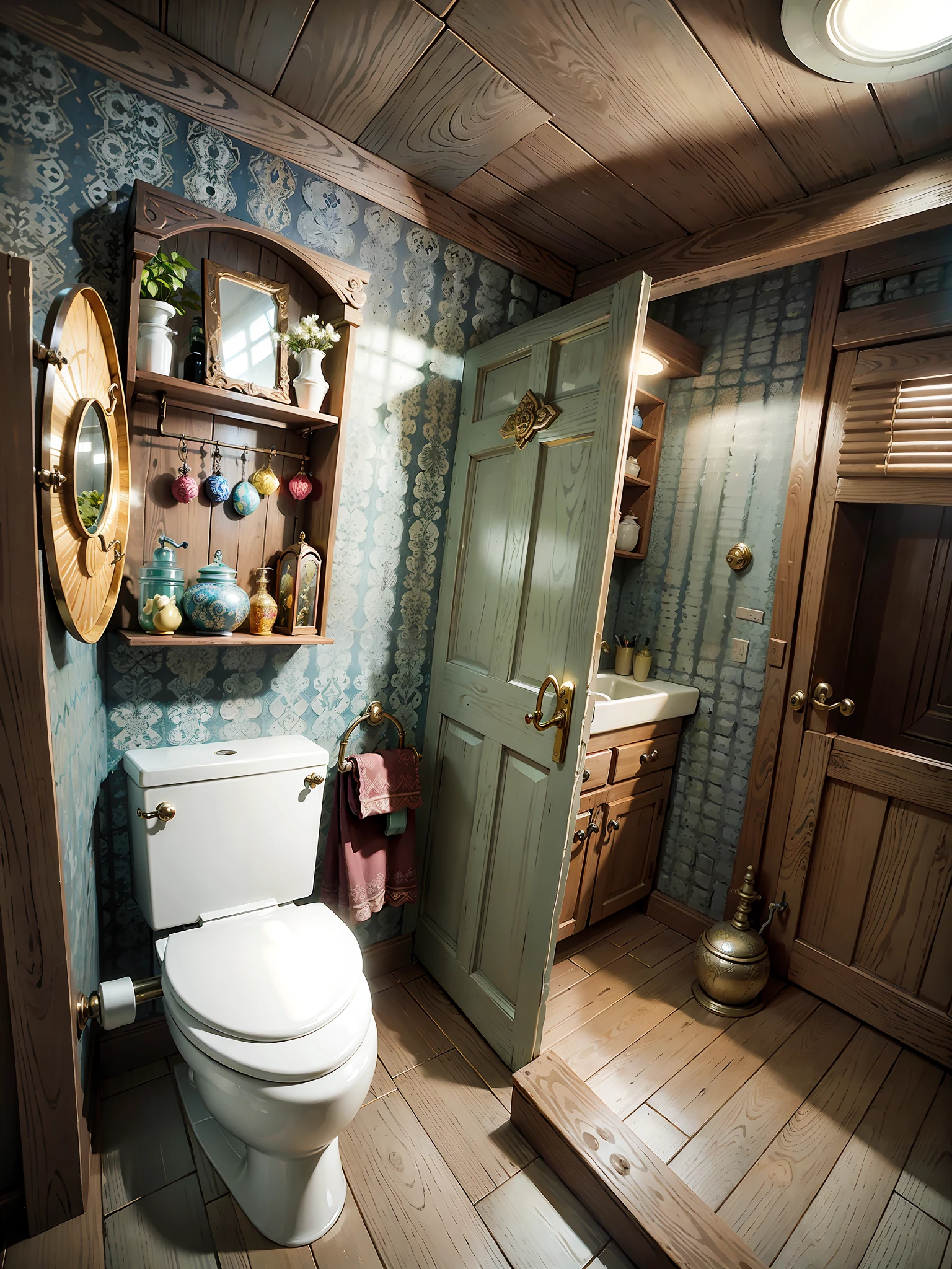 A fantasy fairy style toilet, toilet, hobbit room, retro gorgeous texture, complex structure and pattern, exquisite ornaments and accessories, wooden structure, HD, 8K, realism, dark yellow light