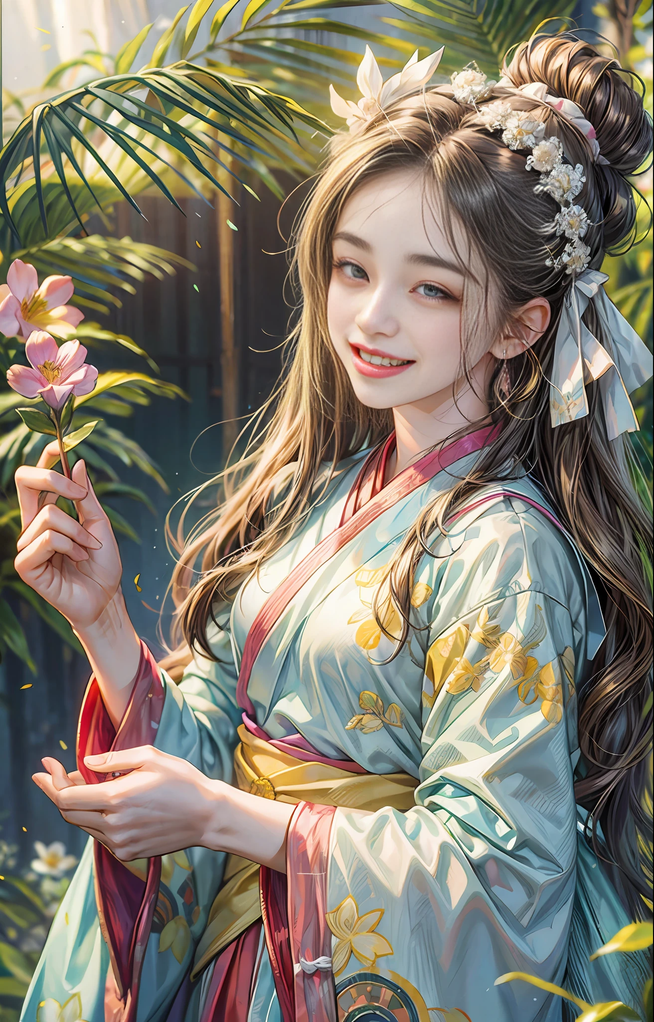 Best quality, 4K picture quality, 1girl, Hanfu, hilly area, big smile. Long hair fluttering in the wind, healing smile, close-up, blurred background