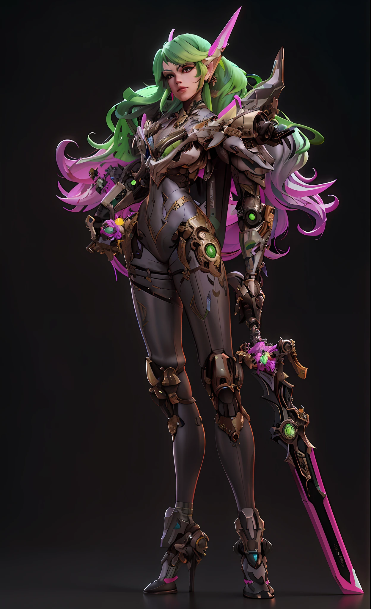 a close up of a woman with a sword and a green hair, 3 d render character art 8 k, hyperdetailed fantasy character, detailed full body concept, colored zbrush render, zbrush central contest winner, girl in mecha cyber armor, zbrush contest winner, cyberpunk robotic elvish queen, polycount contest winner, 3 d render stylized