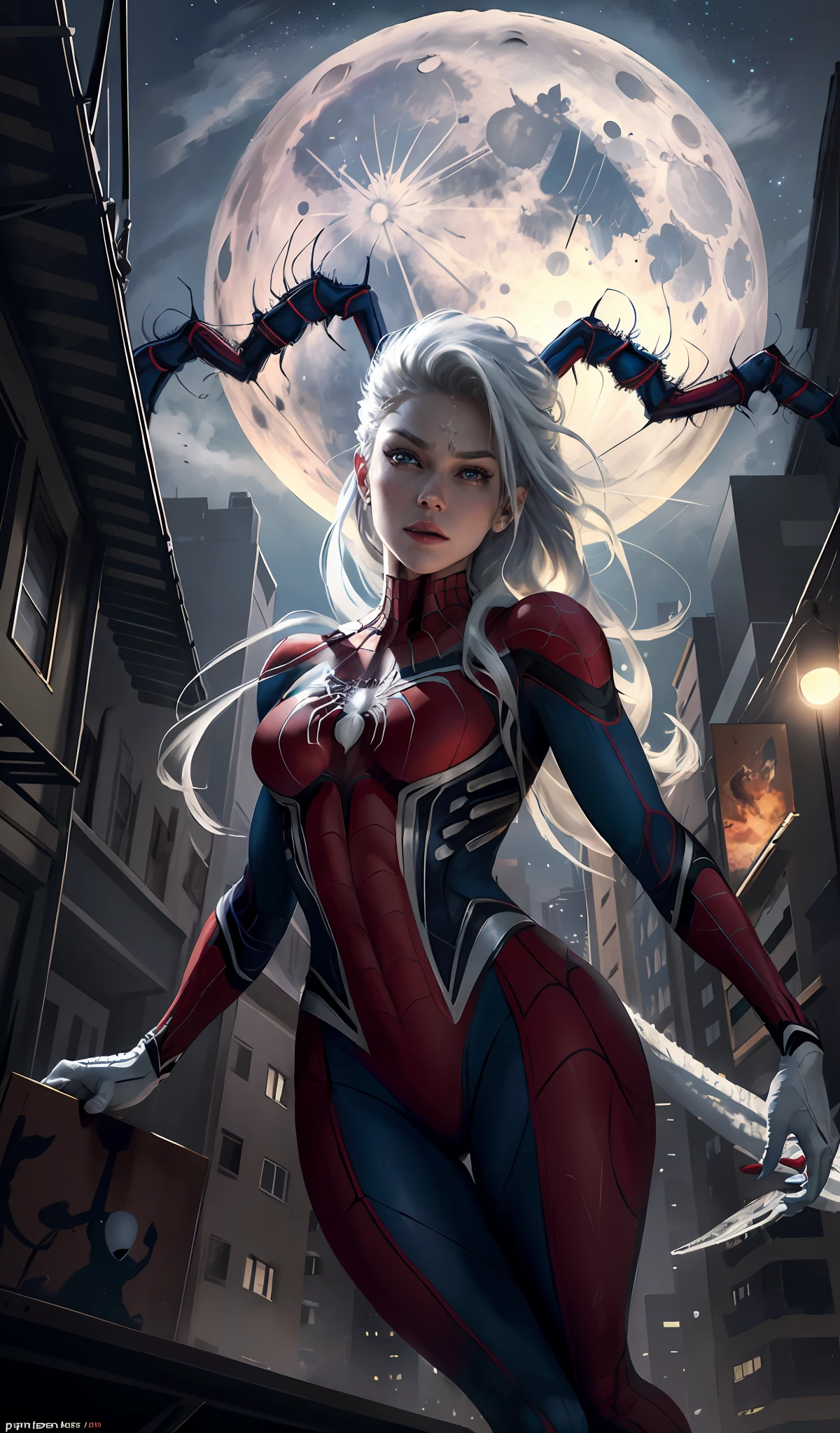 (Masterpiece, 4k resolution, ultra-realistic, very detailed), (White superhero theme, charismatic, there's a girl on top of town, wearing Spider-Man costume, she's a superhero), [ ((25 years), (long white hair:1.2), full body, (blue eyes:1.2), ((Spider-Man pose),show of strength, jumping from one building to another), ((sandy urban environment):0.8)| (cityscape, at night, dynamic lights), (full moon))] # Explanation: The Prompt mainly describes a 4K painting of ultra-high definition, very realistic, very detailed. It shows a superheroine at the top of the city, wearing a Spider-Man costume. The theme in the painting is a white superhero theme, the female protagonist has long white hair, is 25 years old and her entire body is shown in the painting. In terms of portraying the actions of superheroines, spiders are employed
