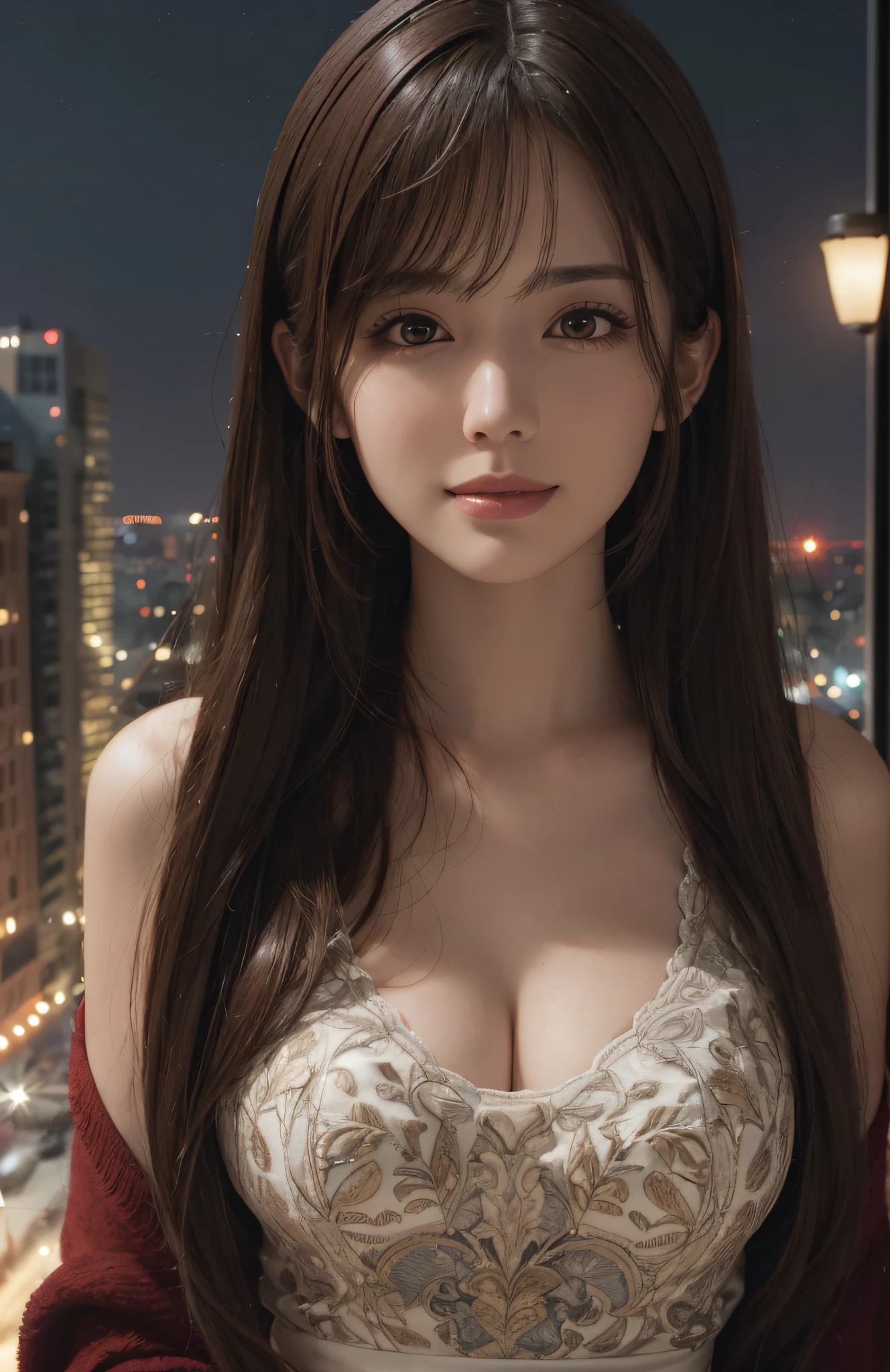 (Ultra Real), (Illustration), (High Resolution), (8K), (Very Detailed), (Best Illustration), (Beautiful and Detailed Eyes), (Best Quality), (Ultra Detailed), (Masterpiece), (Wallpaper), (Detailed Face), Solo, One Girl, Viewer, Fine Detail, Detailed Face, Night City Background, Deep Shadows, Low Key, pureerosfaceace_v1, Smile, Long hair, long straight hair of redhead, 46 point diagonal bangs