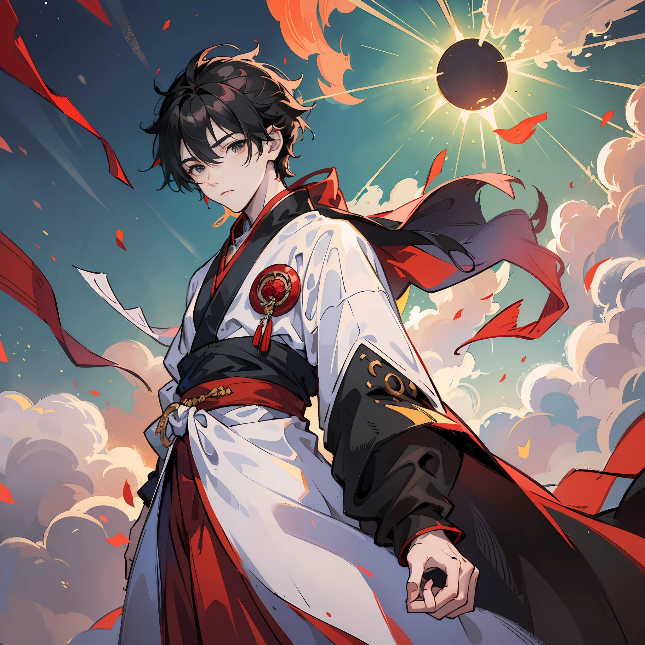 Masterpiece, best quality, gorgeous sunset, sky, Tyndall effect, light, ink style, 1boy, 17 years old, bright colors, black eyes, short black hair, dashing, handsome, white hanfu, red sleeves, --auto --s2