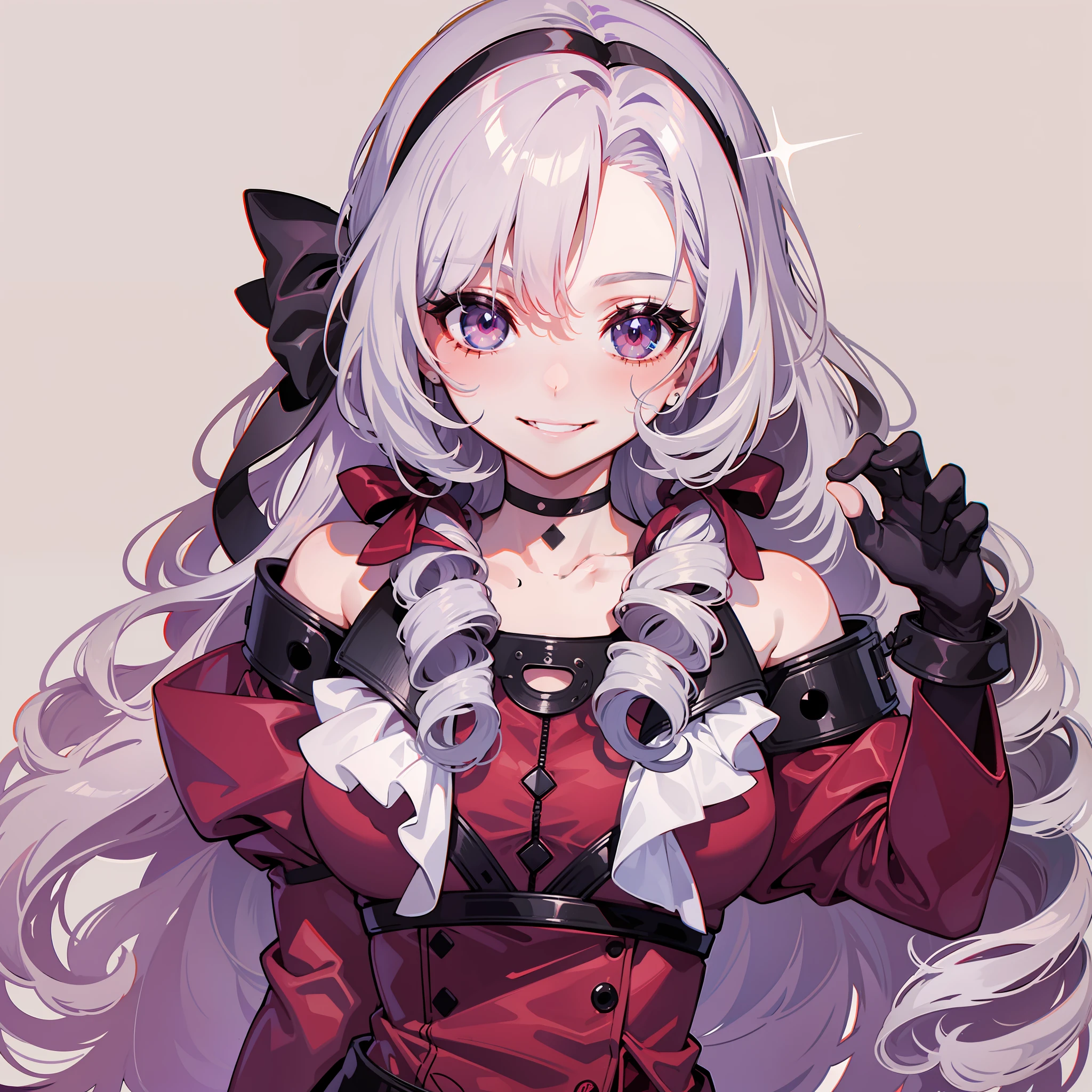 Provocative face, sharp eyes, smiling mouth, nihilistic expression