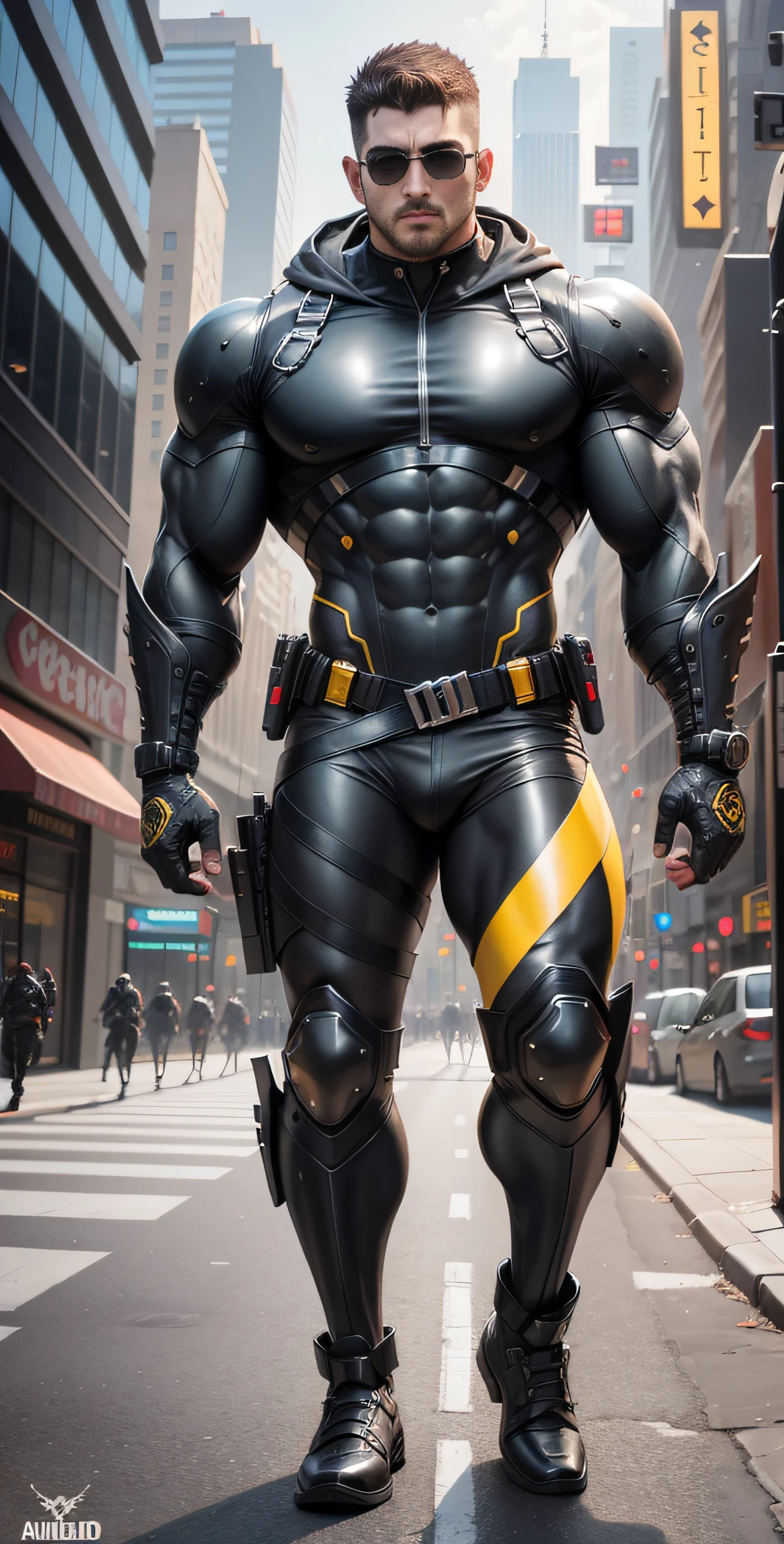 Arad man in black and yellow clothes standing on the city street, muscular male hero, conceptual art like Ernest Khalimov, heroic male pose, muscular! Wearing black sunglasses, round head Buzz Cut, cyberpunk, stealth suit, super buff and cool, high resolution committee, Chris Redfield, Jigachard muscle, Ernest Khalimov body, character design police, black military boots, charismatic strong male with armor