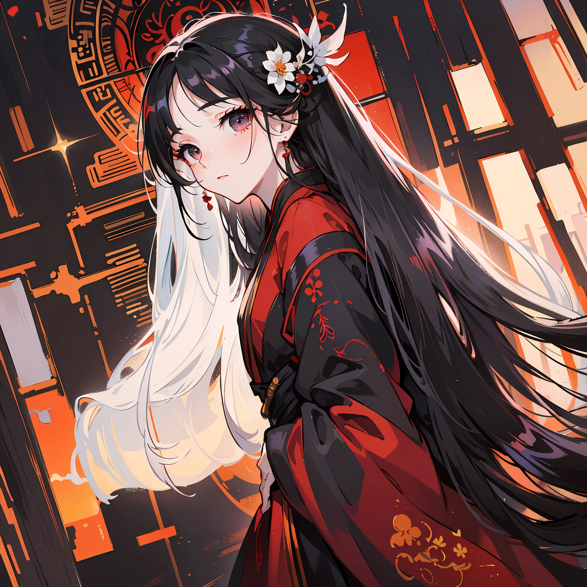 Masterpiece, oil painting, best quality, gorgeous sunset, sky, Tyndall effect, light, oil painting style, bright colors, oil painting, ethereal, black eyes, long black hair, pure, beautiful cute, white hanfu, red sleeves, --auto --s2