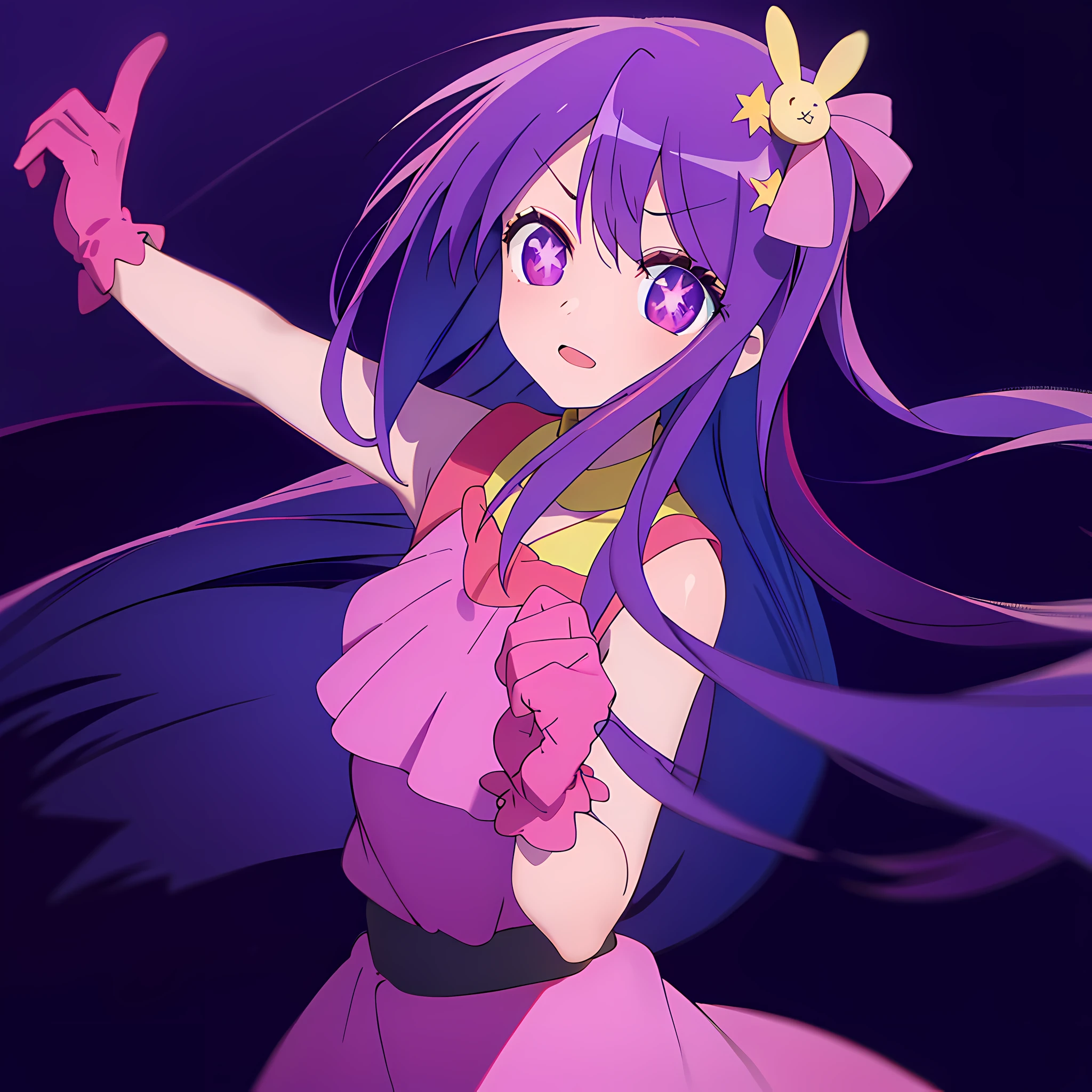 lucky star, 1girl, solo, ai hoshino, dress, purple hair, long hair, gloves, pink dress, pink gloves, purple eyes, hair ornament, bangs, hair flower, star-shaped pupils