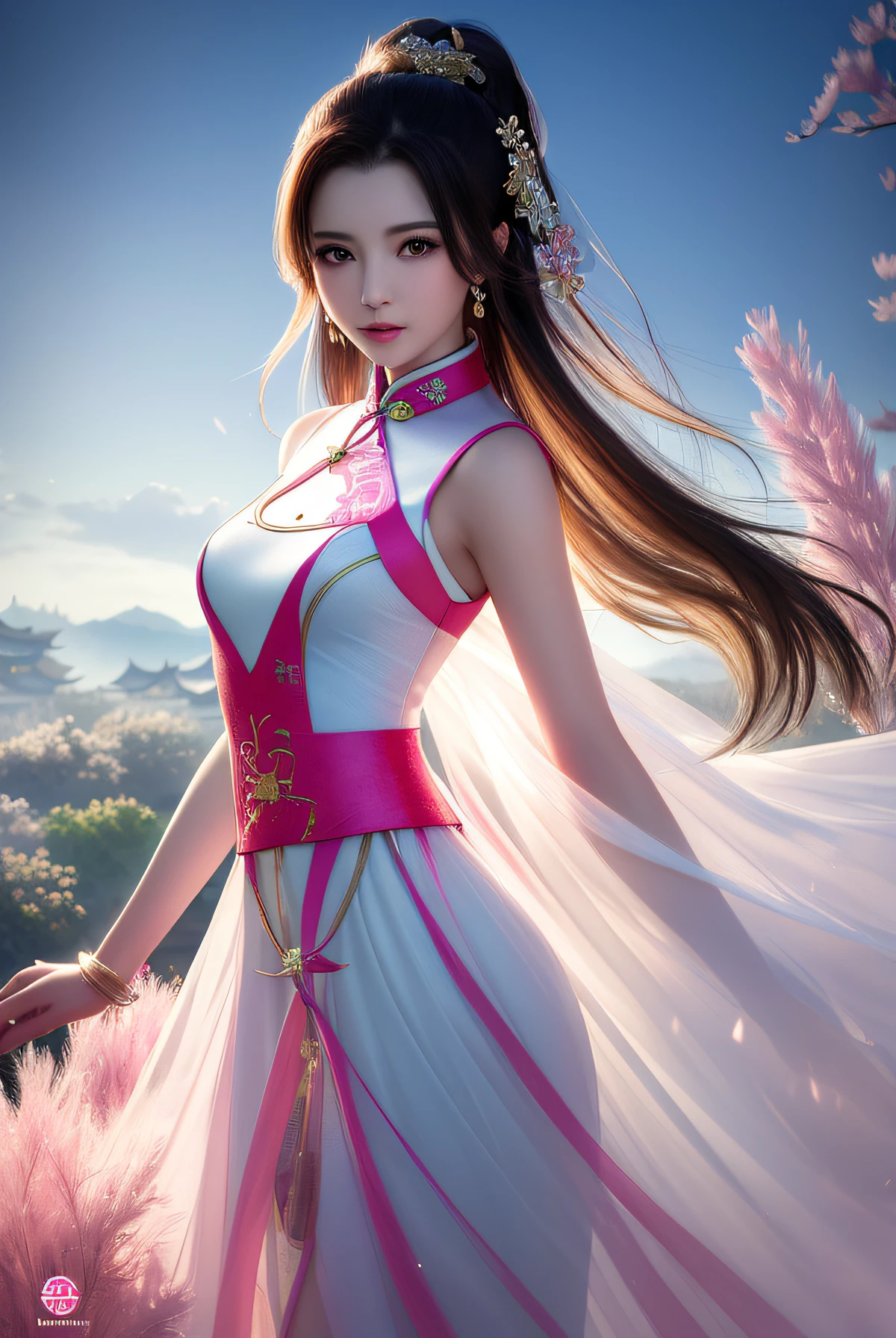 ((masterpiece)),
(((best quality))),
((ultra detailed)),
((illustration)), highres,
1 girl,
tyndall effect,photorealistic, rim lighting, two tone lighting,(high detailed skin:1.2), soft lighting, volumetric lighting, looking at viewer, Photograph,
beautiful detailed face,
black hair, hair ornament,
dark brown eyes,
necklace, jewelry,
lie down,
upon body,
blue dress,china dress,white dress, pink grass,cheongsam,silk dress,small boobs,no smile,anime