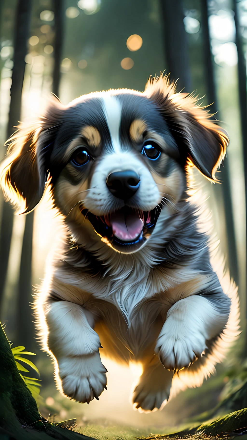 Close-up of a very cute jumping puppy in the forest, soft volumetric light, (backlight: 1.3), (movie: 1.2), intricate details, (ArtStation: 1.3), Rutkowski