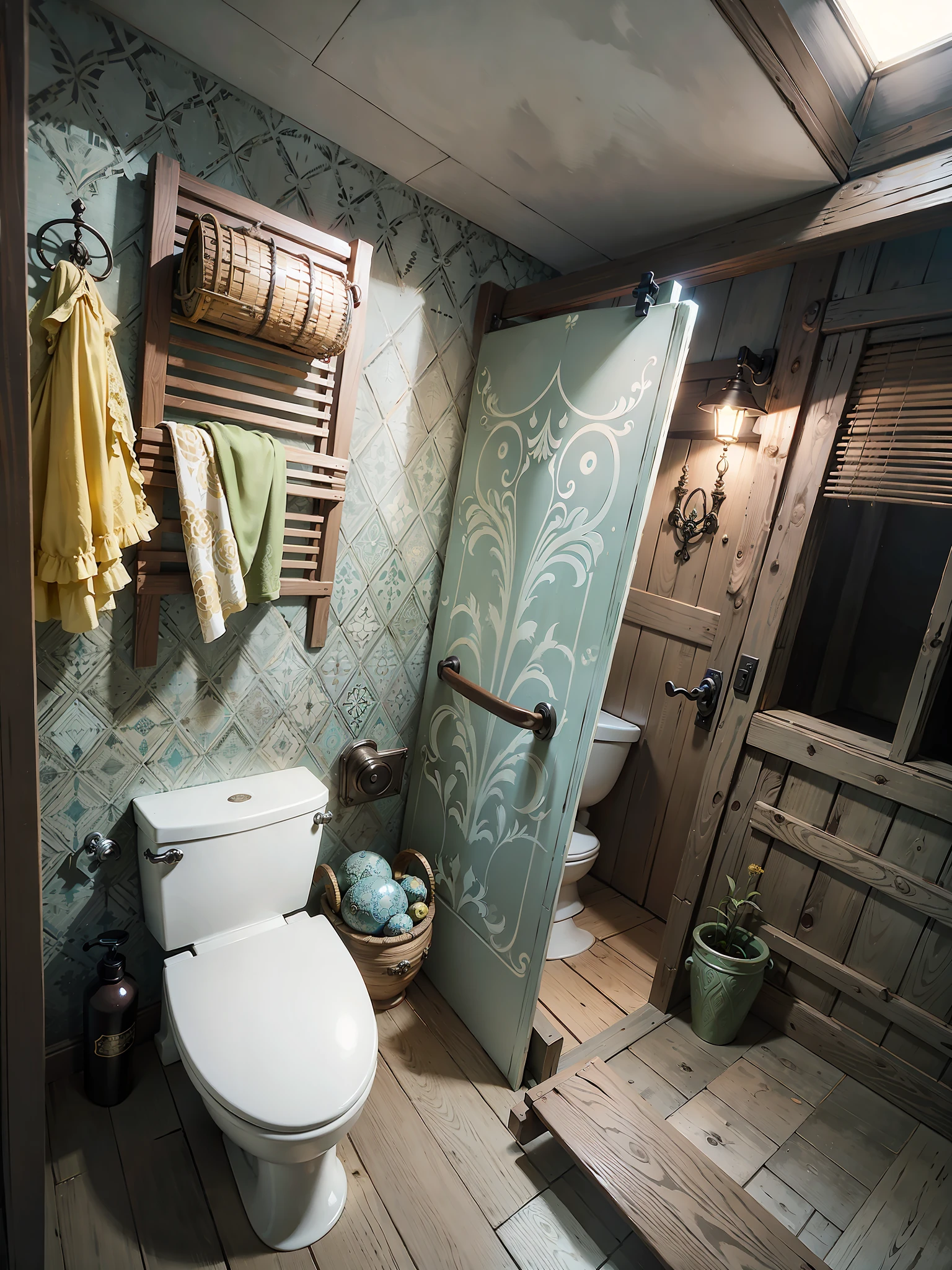 A fantasy fairy style toilet, toilet, hobbit room, retro gorgeous texture, complex structure and pattern, exquisite ornaments and accessories, wooden structure, HD, 8K, realism, dark yellow light