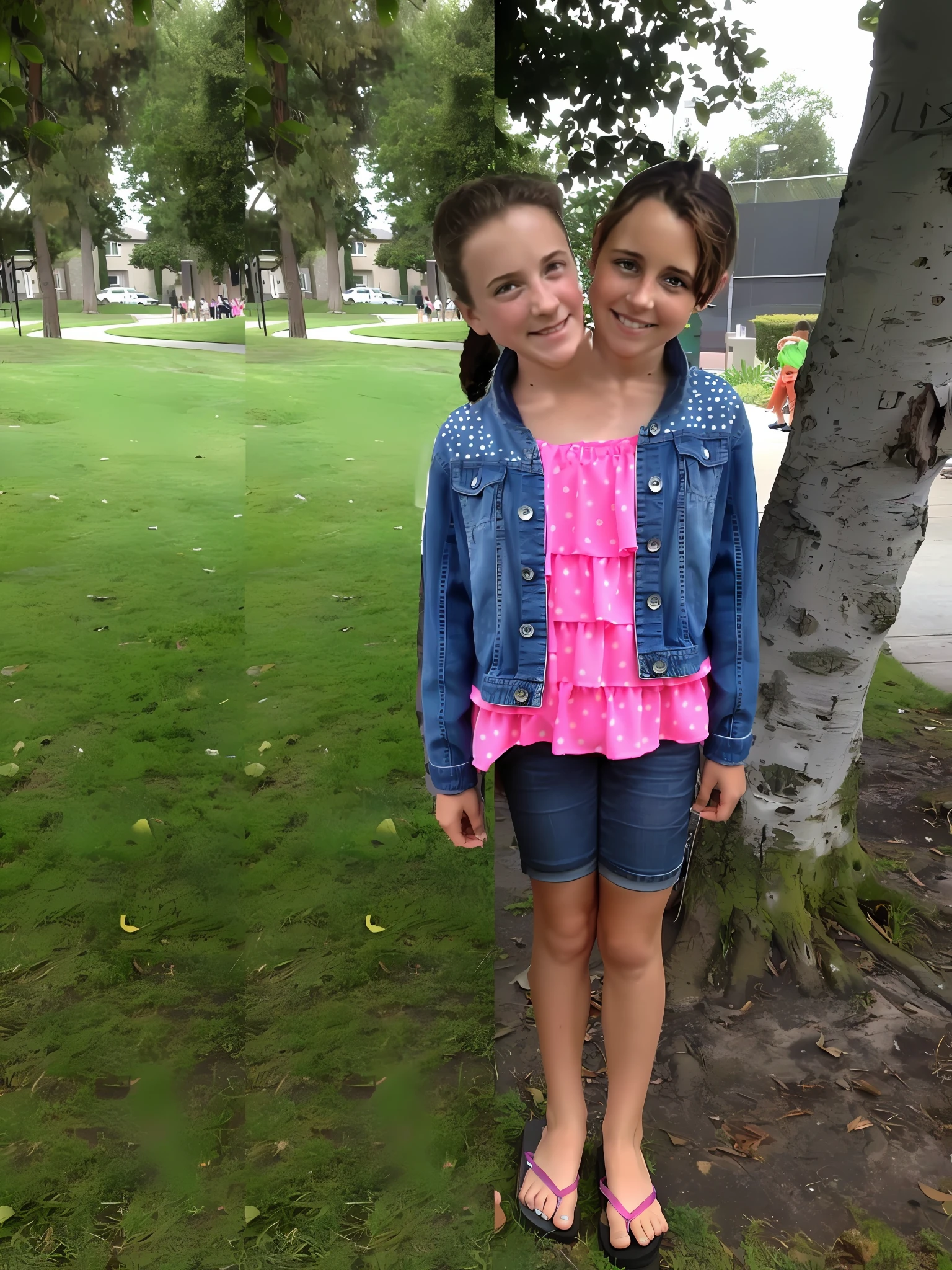 2heads, mom and daughter, (one head:1.5 child), (one head:1.5 young adult), white girls, different ages, (two heads on one body:1.5), conjoined twins, heads side by side, one torso, young, photorealistic, uncomfortable,