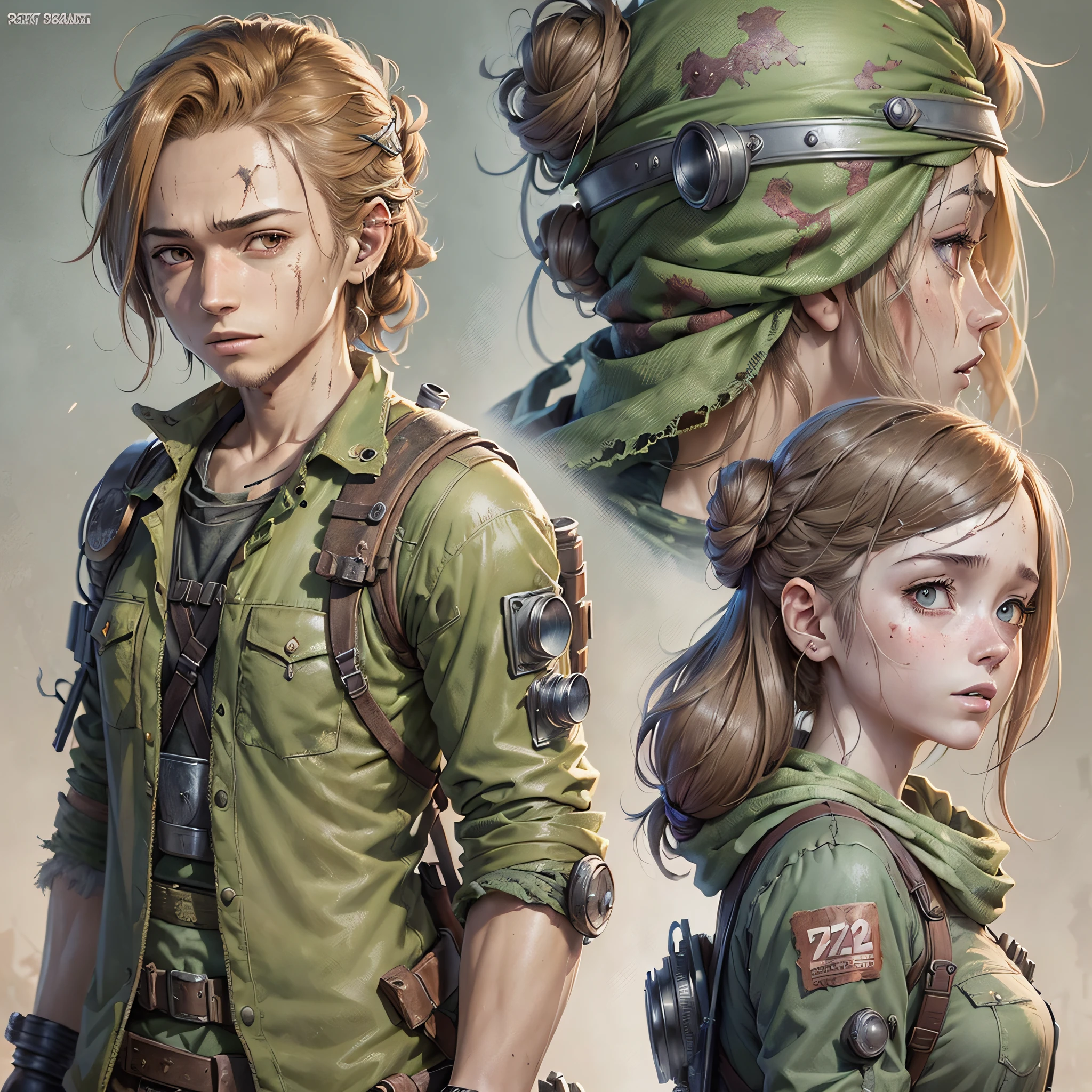 ((masterpiece))), (((best quality 2d anime)))), ((ultra-detailed 2d anime)), (highly detailed CG anime illustration), ((extremely delicate and beautiful face)) cinematic light, absurd clothes, 1 smiling young man, (((character sheet)), full-body concept art, ((full length)), 1little blonde girl, standing, stylish tied hair (single background, white background: 1.3),((((CHARACTERS FROM THE POST-APOCALYPTIC WORLD))))), ( PEORSONAGES THE WALKING DEAD)), ( CONCEPTS THE LAST OF US  )))) --auto --s2