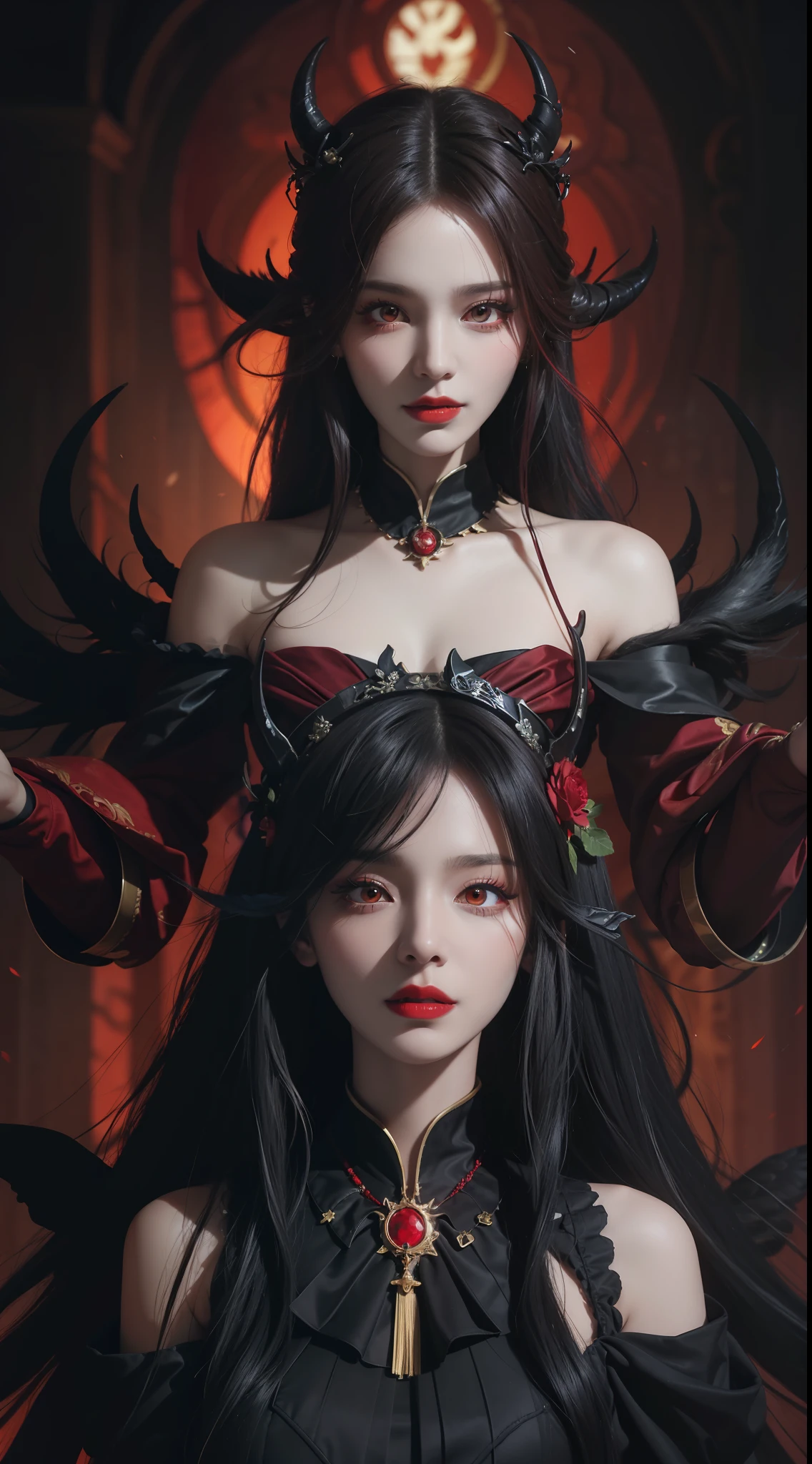 1 beautiful devil woman from hell, In the Dark: 1.6), surreal female portrait by David Hockney and Alphonse Mucha, fantasy art, korea doll, photorealism, dynamic lighting, artstation, poster, volumetric lighting, very detailed faces, 8k ultra, all body, Awarded, in the dark, deep shadow, low key, cowboy lens, (Red phoenix dress: 1.4), long hair, black hair, bust, luxurious palace, Royal style, devil  crown, red eyes make up very sharp and detailed, The most beautiful face, big and regular breasts, Super realistic, chinese women's clothing, polo neck sweater, Charming smile, The eyes are very well made up, guweiz, devil style, loong, forehead mark, upper body, 2 bangs braided hair, Red lips, Devil tattoo on shoulder, wearing a thin red and black robe, the landscape is overcast and thunderous, Portrait,