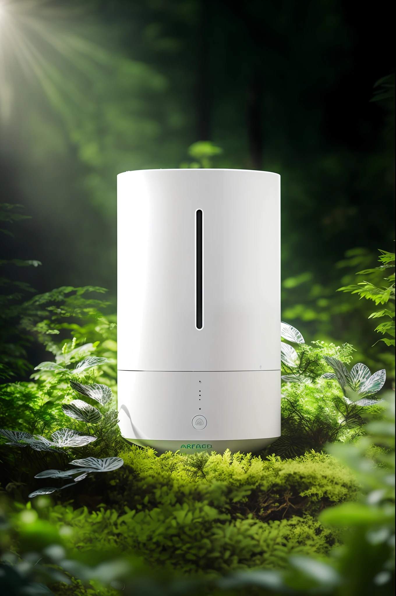 Arafeld air purifier in the middle of the forest, premium texture, Surrealism, blind box toy style, 85mm, f/1.8, Sony FE, UHD, masterpiece, super detail, high details, high quality, best quality, highres, 8k
