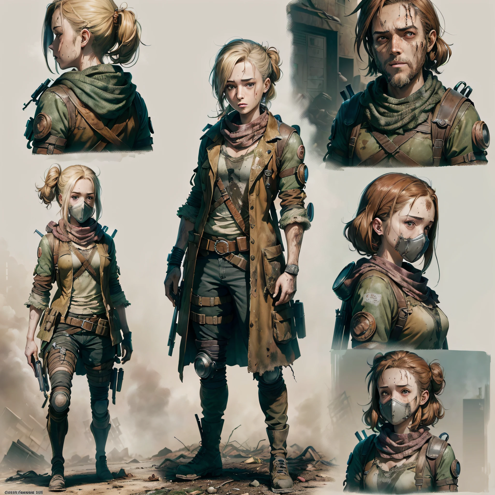 ((masterpiece))), (((best quality 2d anime)))), ((ultra-detailed 2d anime)), (highly detailed CG anime illustration), ((extremely delicate and beautiful face)) cinematic light, absurd clothes, 1 smiling young man, (((character sheet)), full-body concept art, ((full length)), 1little blonde girl, standing, stylish tied hair (single background, white background: 1.3),((((CHARACTERS FROM THE POST-APOCALYPTIC WORLD))))), ( PEORSONAGES THE WALKING DEAD)), ( CONCEPTS THE LAST OF US )))) --auto --s2