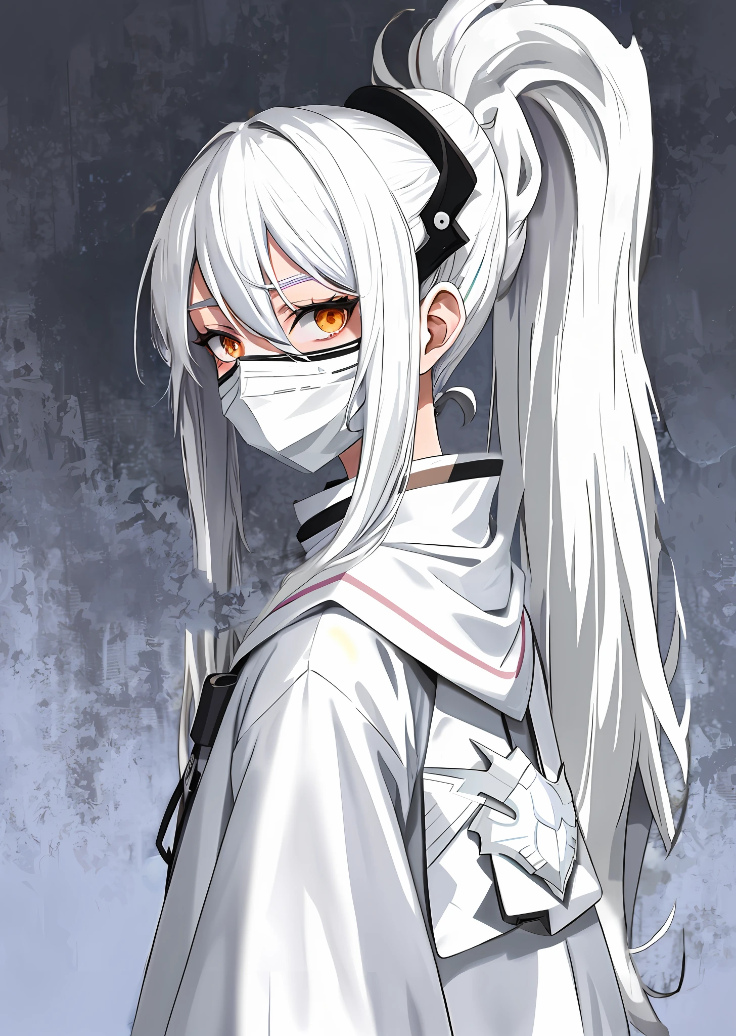 Anime girl with long white hair wearing mask and white shirt, wearing mask, silver hair (ponytail), wearing black mask, white shirt, beautiful character painting, white hair, unknown art style, flowing white hair, guviz, guvitz style artwork, epic exquisite character art, amazing character art, fan qi, guvitz at pixiv art station